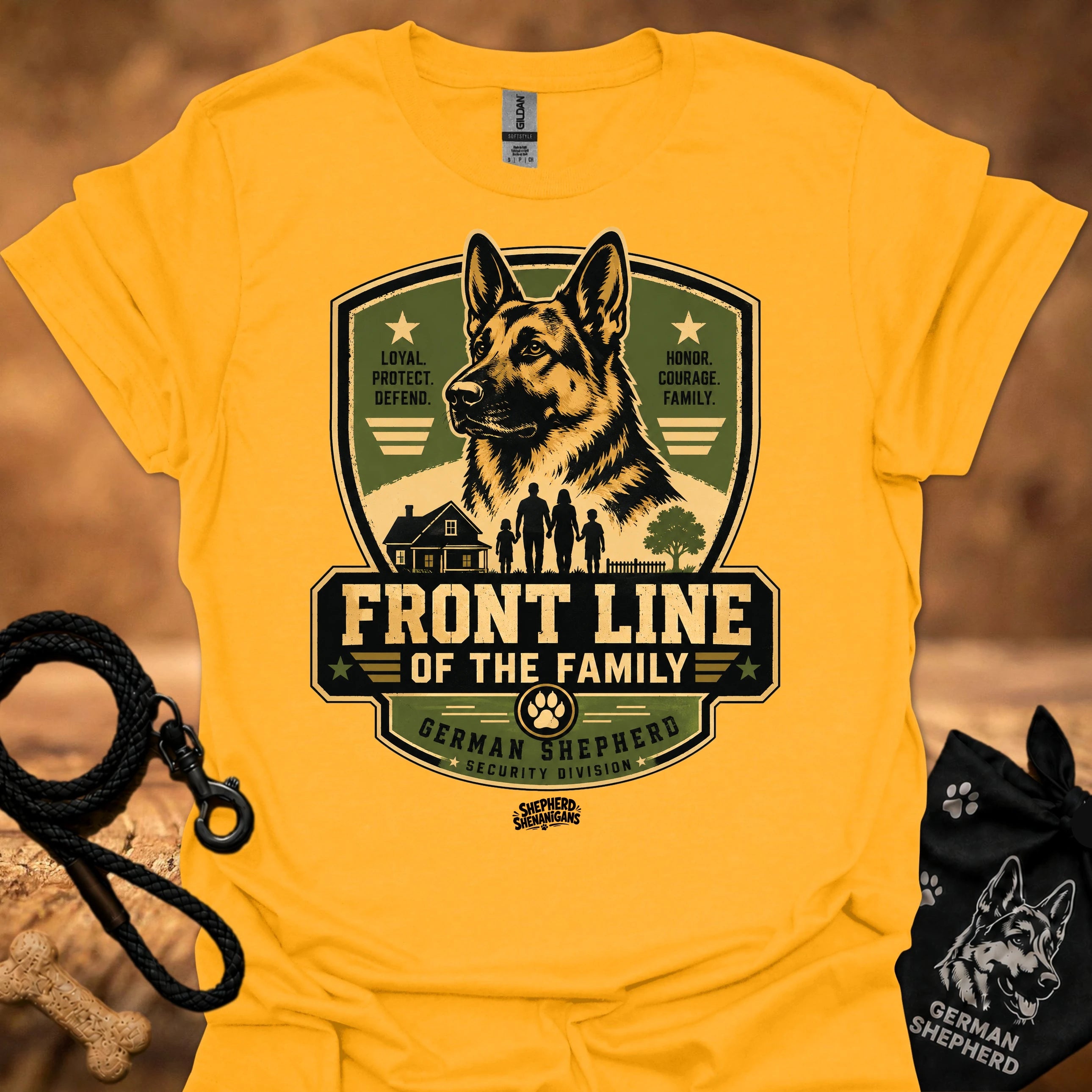 Yellow T-shirt with German Shepherd “Front Line of the Family” front graphic logo