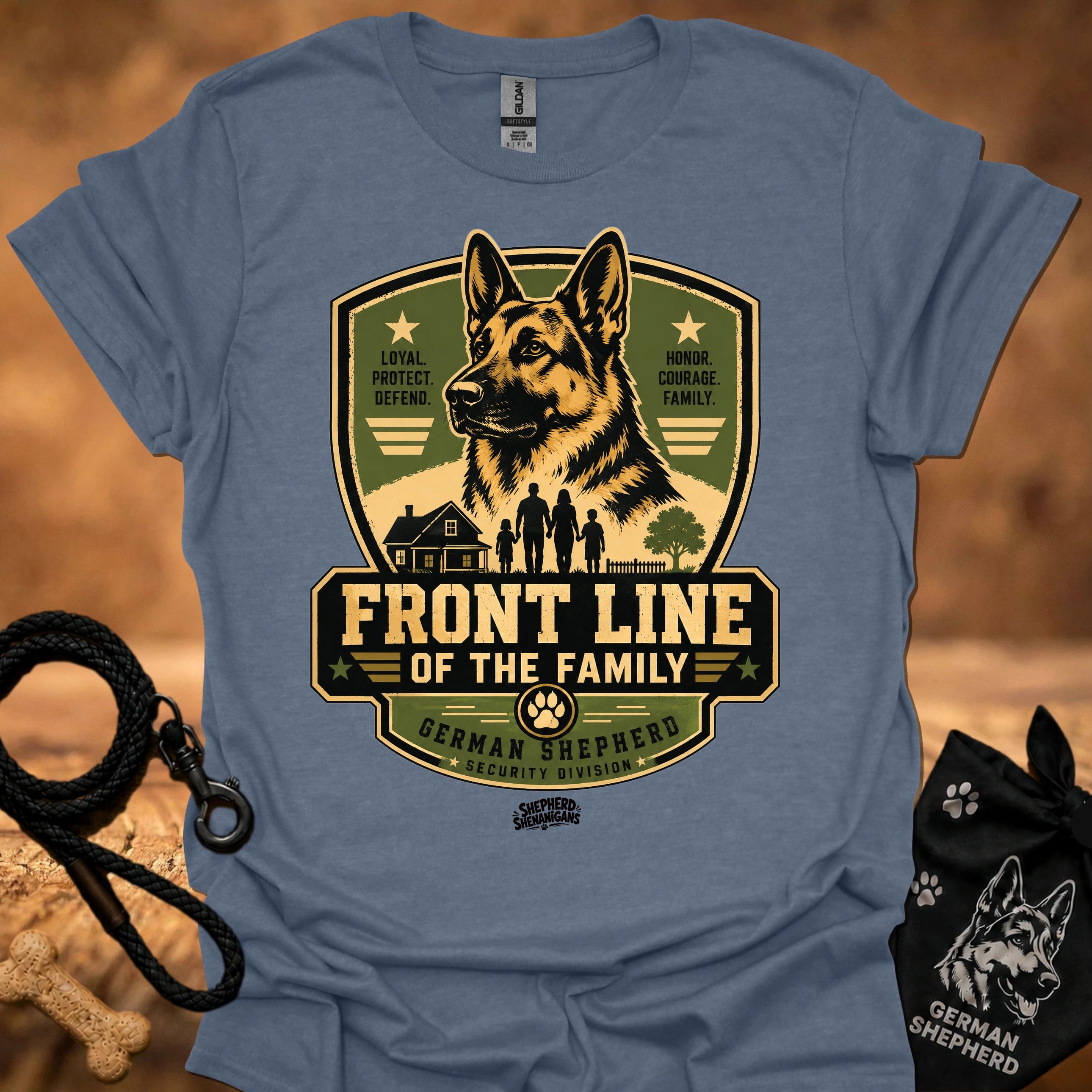 Light blue T-shirt with German Shepherd “Front Line of the Family” graphic logo