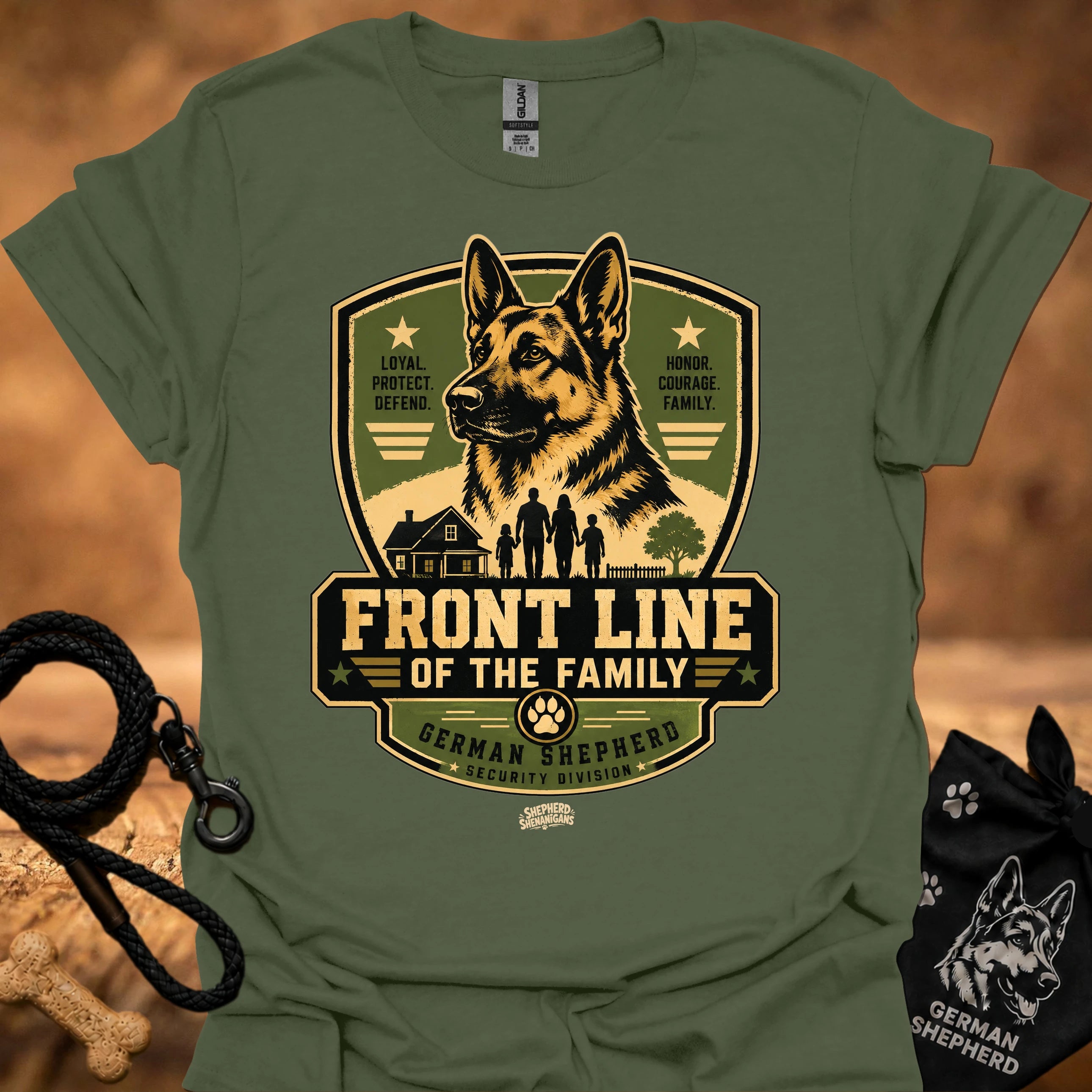 Green T-shirt with German Shepherd “Front Line of the Family” front graphic logo