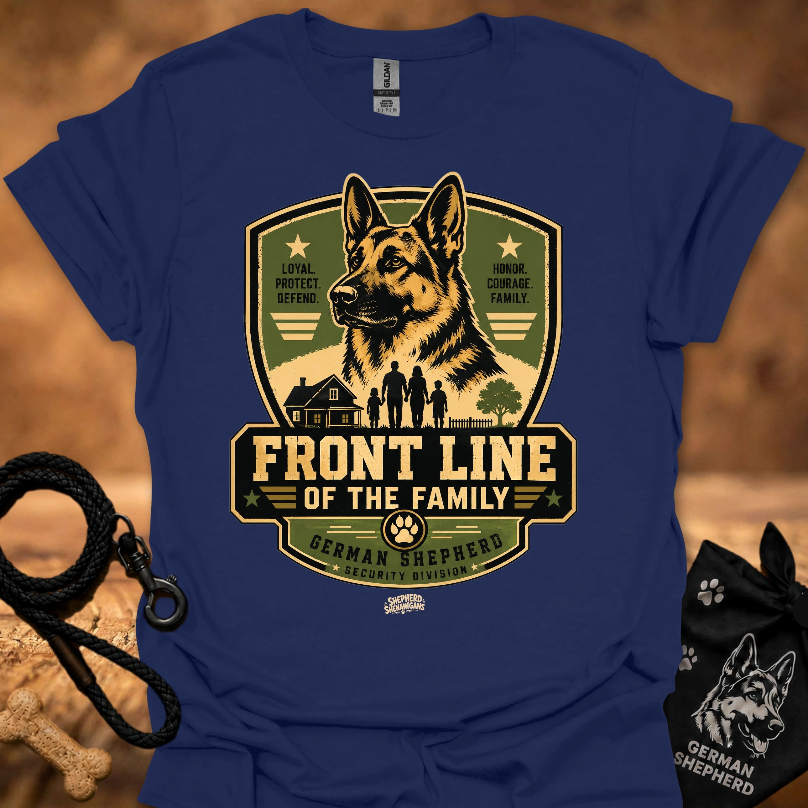 Royal blue T-shirt with German Shepherd “Front Line of the Family” front graphic logo