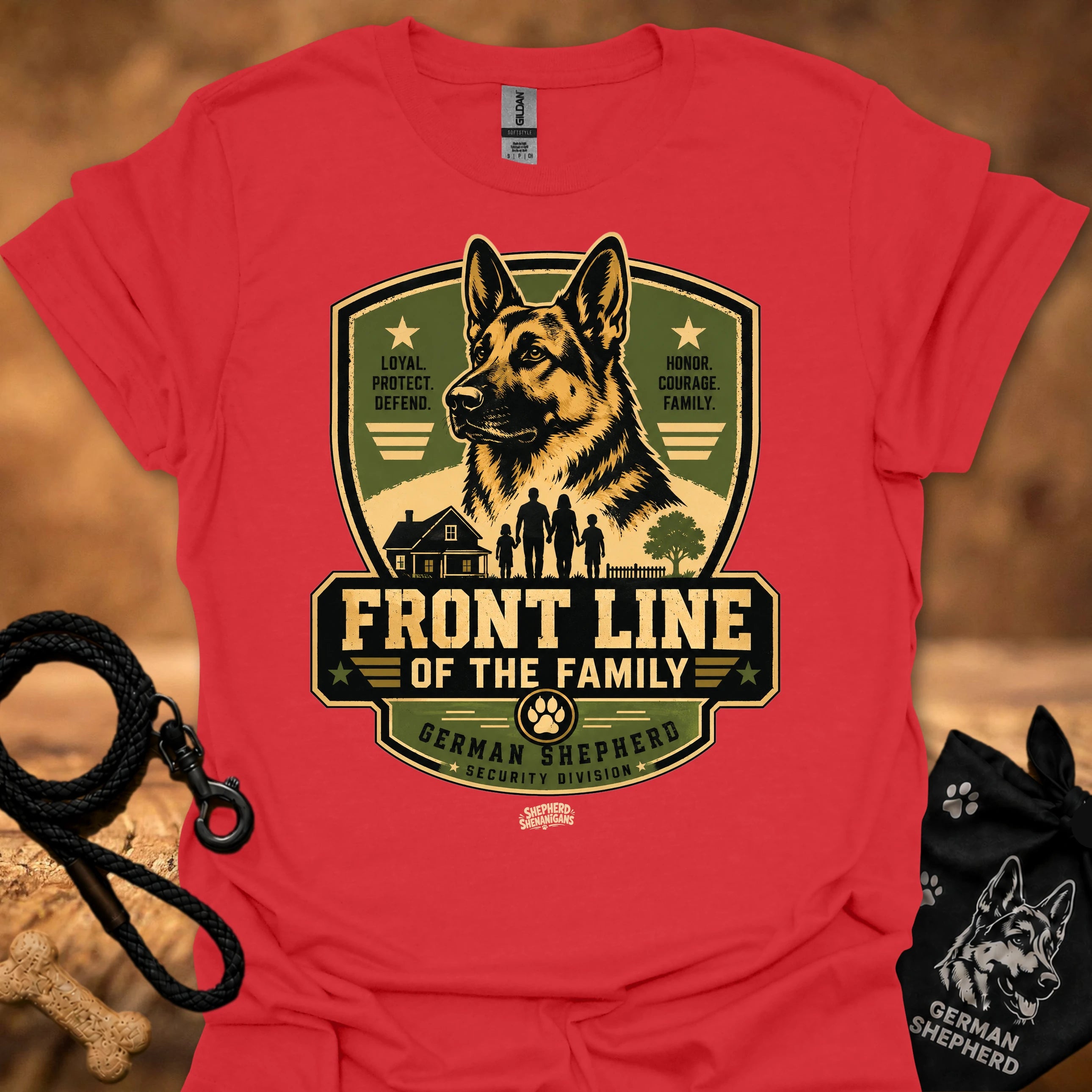 Red T-shirt with German Shepherd “Front Line of the Family” front graphic logo