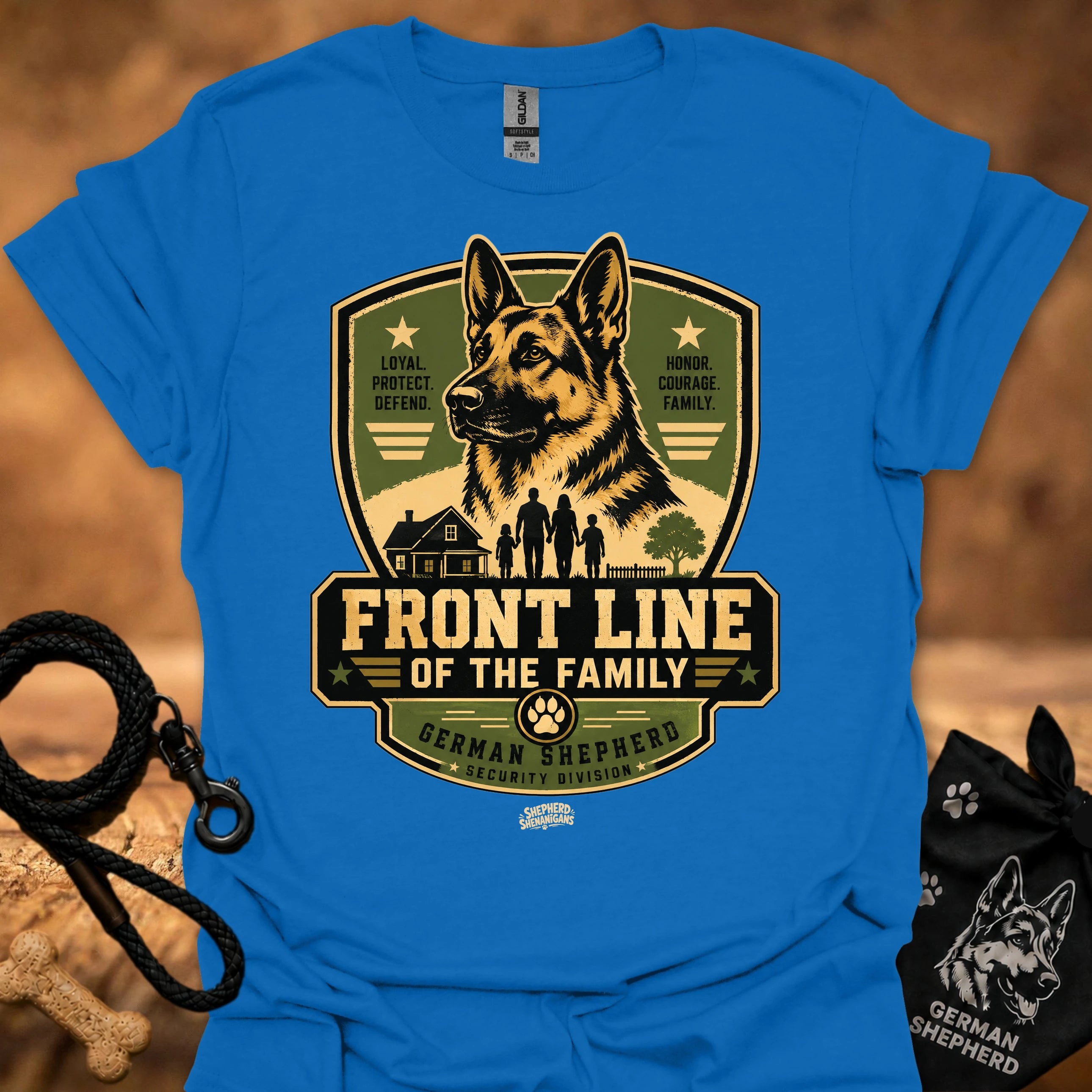 Blue T-shirt with German Shepherd “Front Line of the Family” front graphic logo