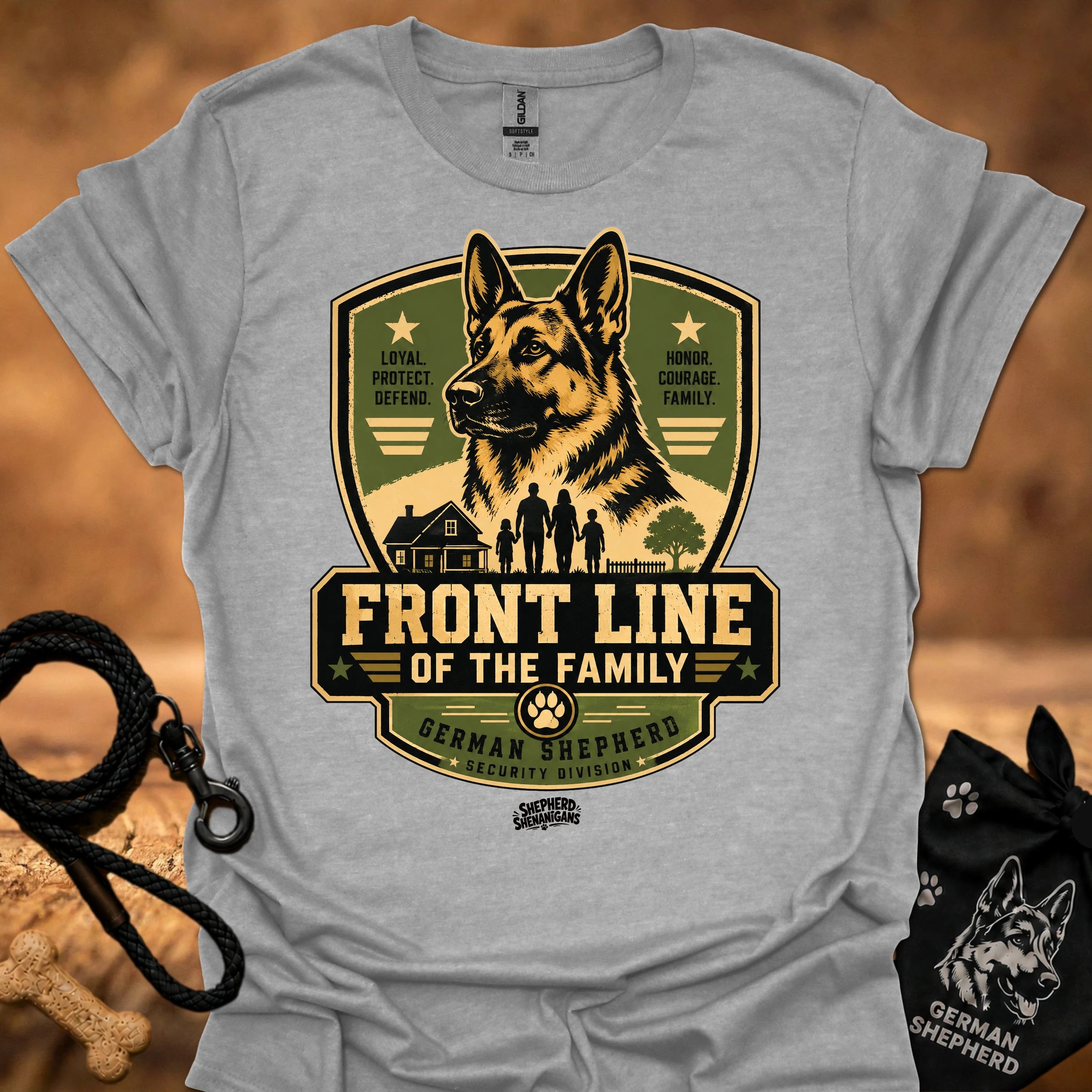 Heather gray T-shirt with German Shepherd “Front Line of the Family” graphic logo