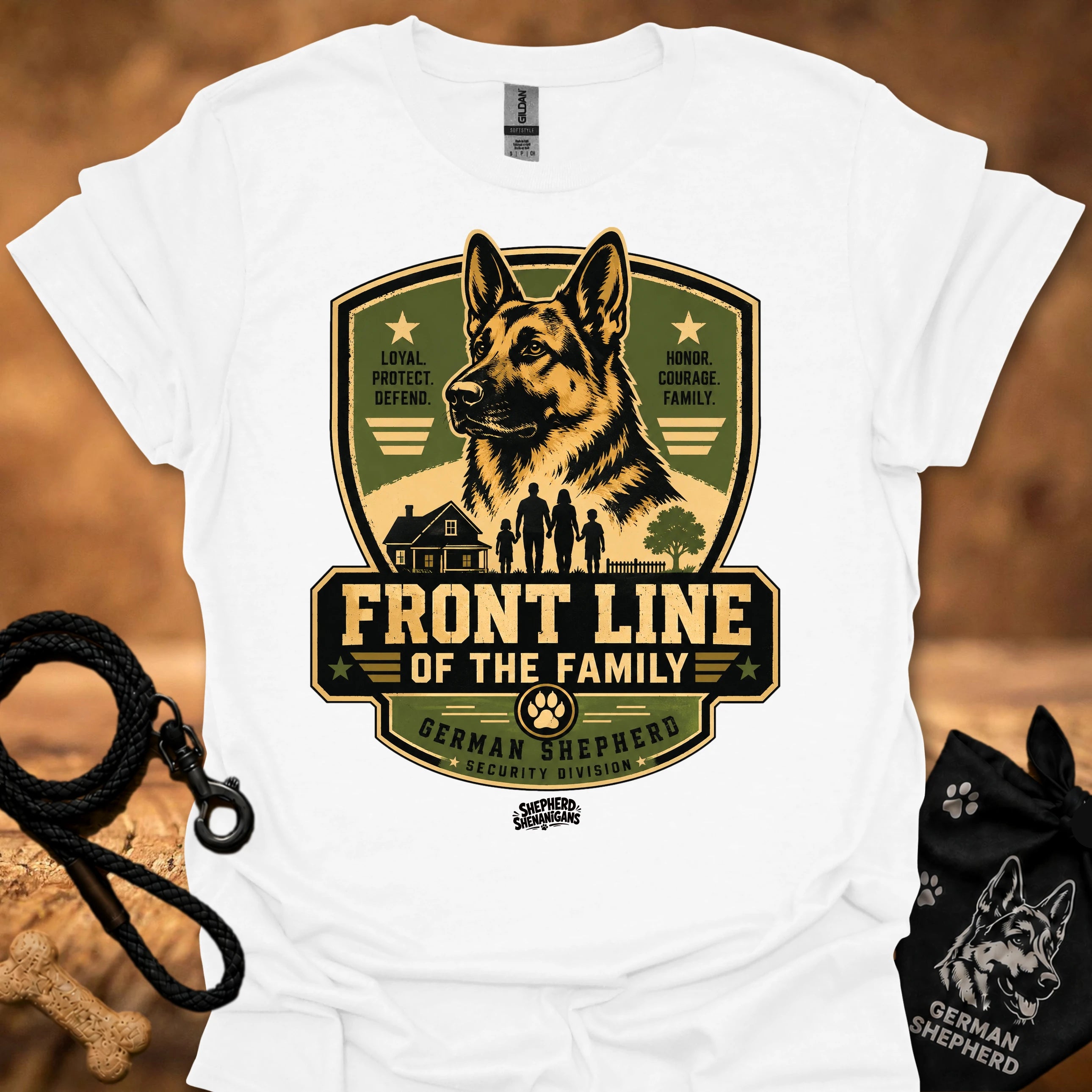 White T-shirt with German Shepherd “Front Line of the Family” front graphic logo