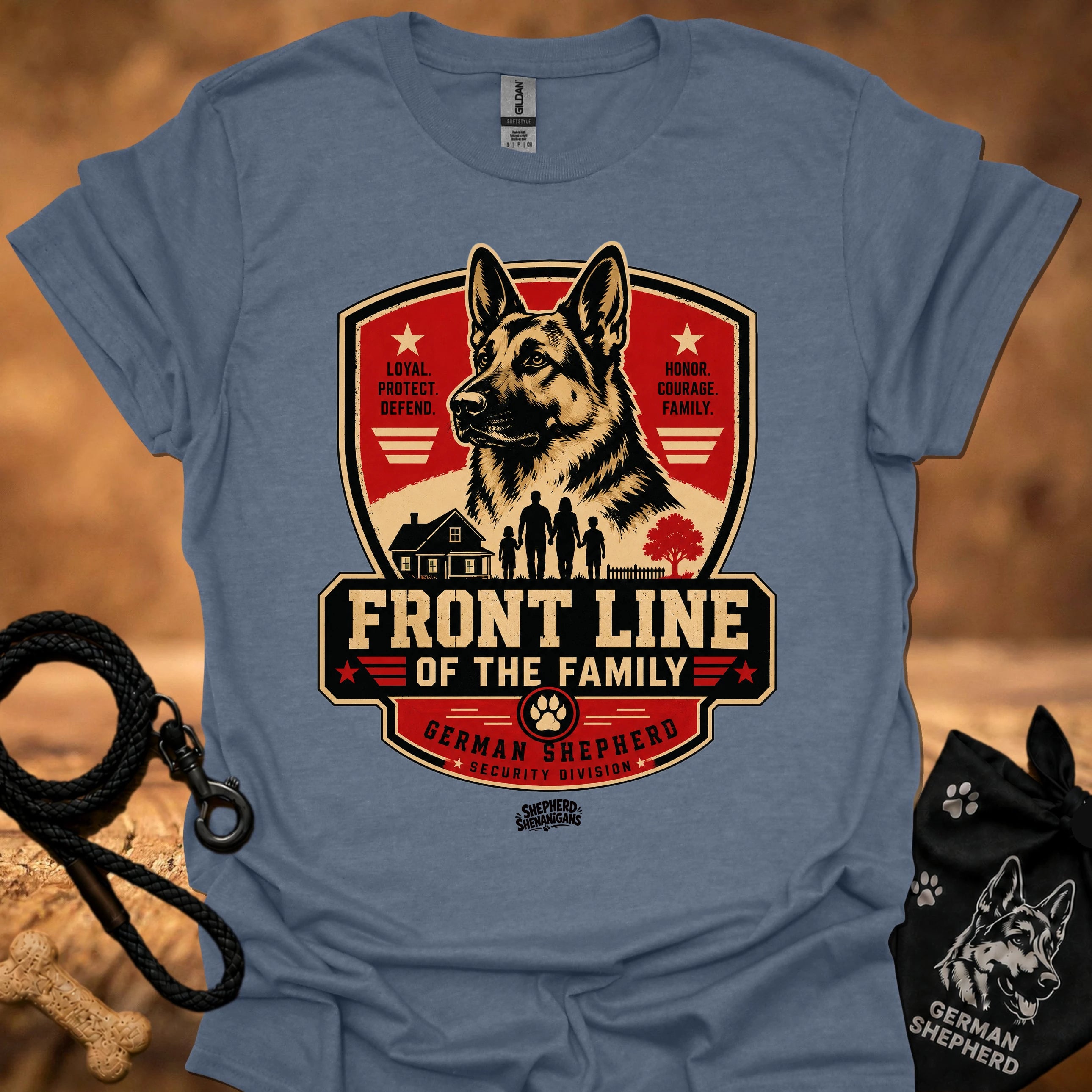 Graphic crew-neck T-shirt in Heather Indigo with German Shepherd crest front print