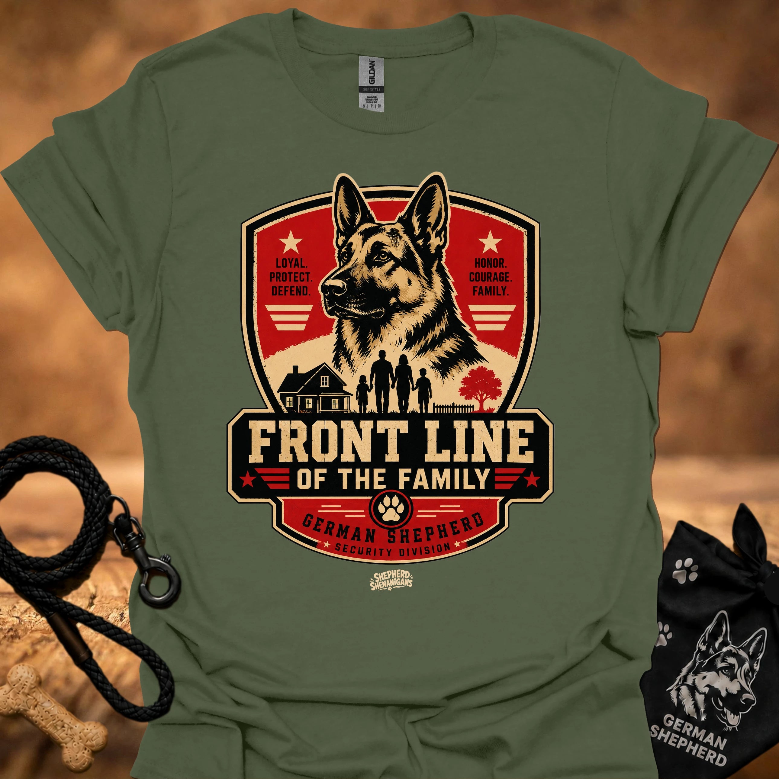 Graphic crew-neck T-shirt in Military Green with German Shepherd crest front print
