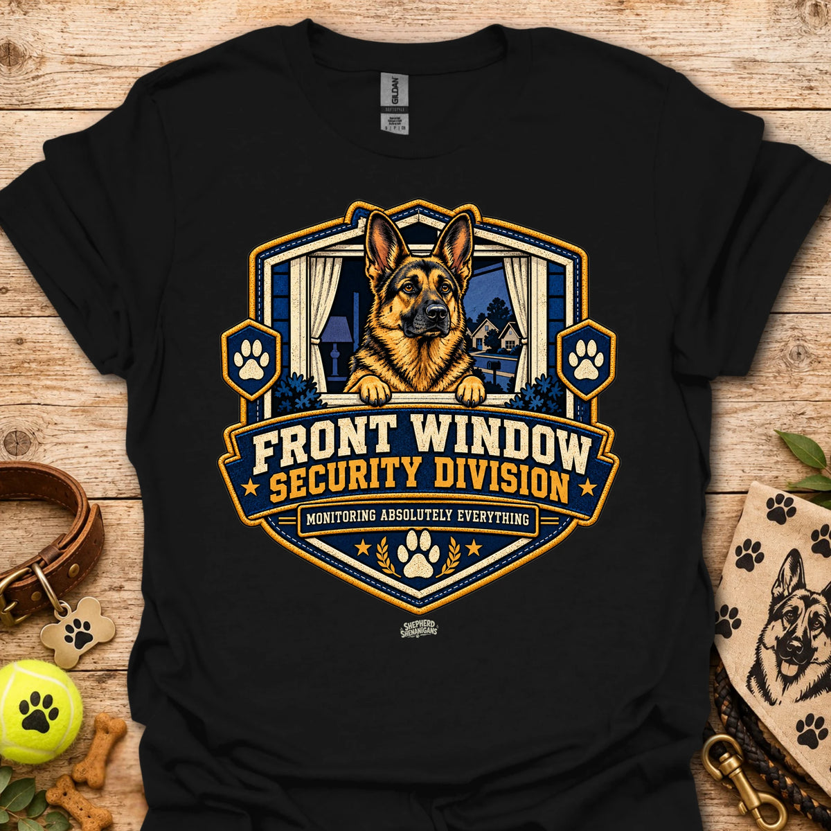 Front Window Security Division T-shirt, black, chest graphic with dog and badge logo