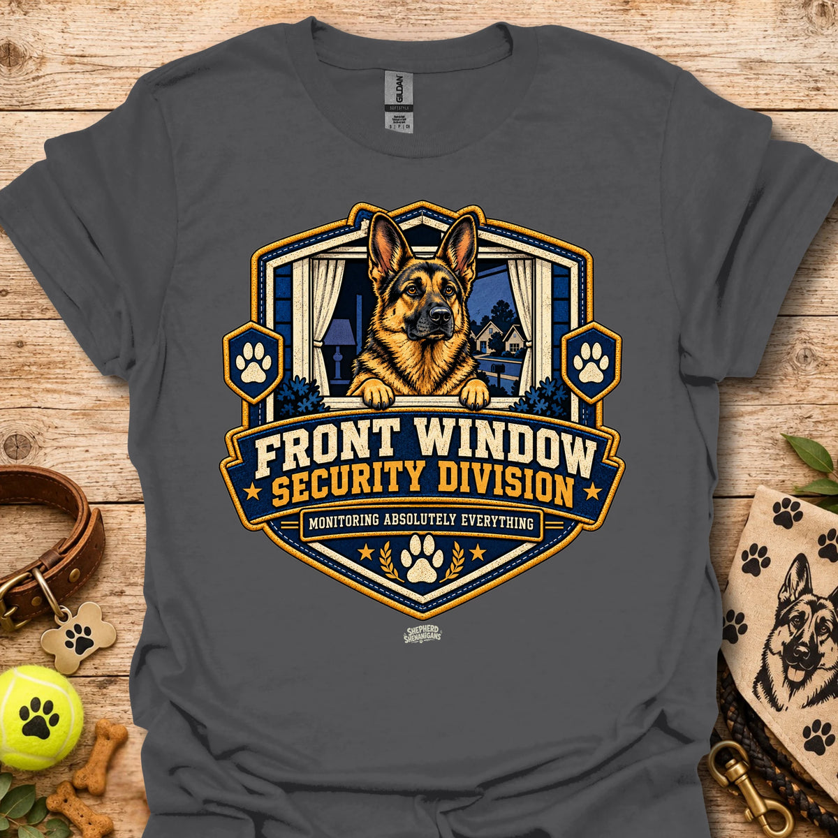 Front Window Security Division T-shirt, charcoal, chest graphic with dog and badge logo