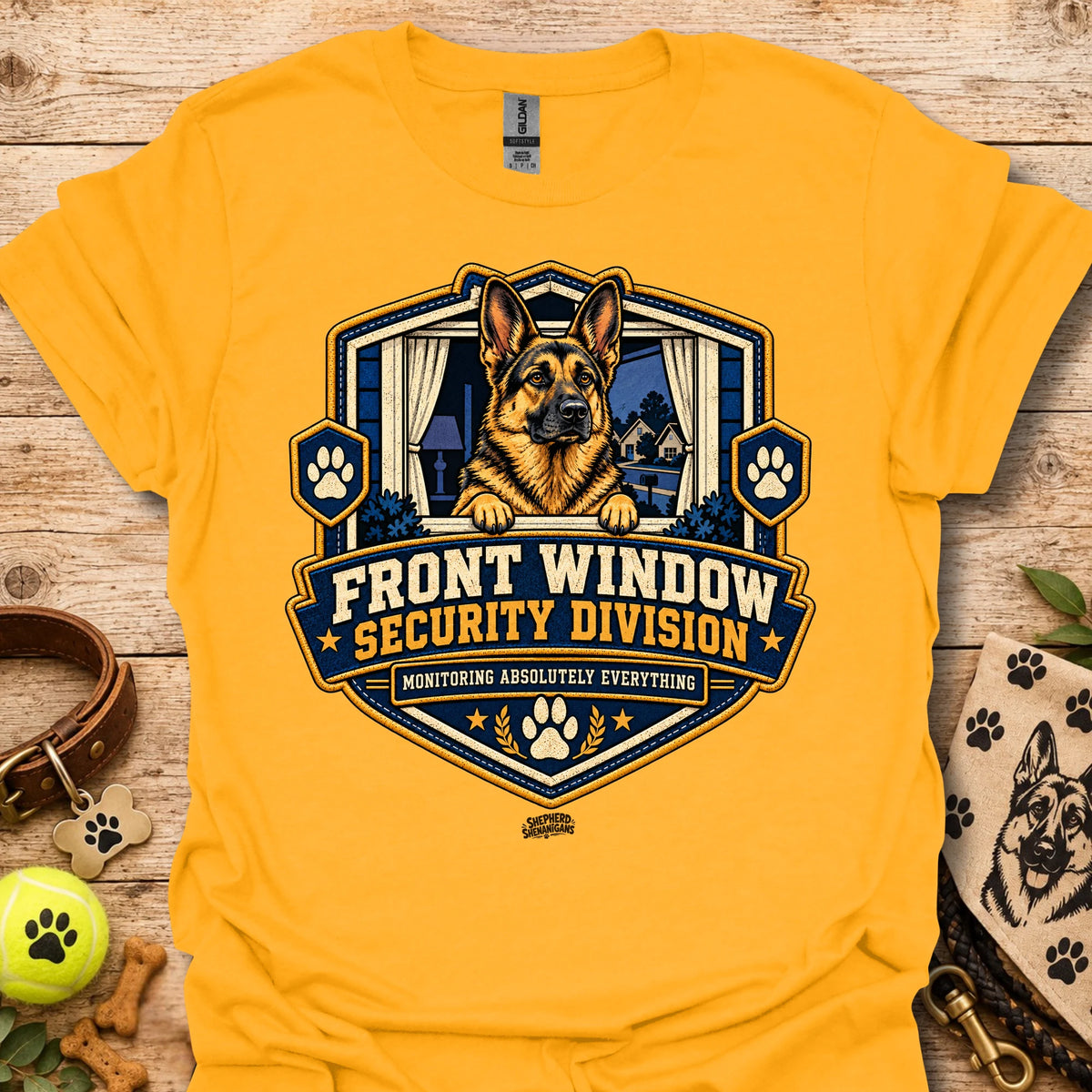 Front Window Security Division T-shirt, gold, chest graphic with dog and badge logo