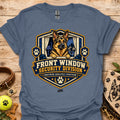 Front Window Security Division T-shirt, heather indigo, chest graphic with dog and badge logo