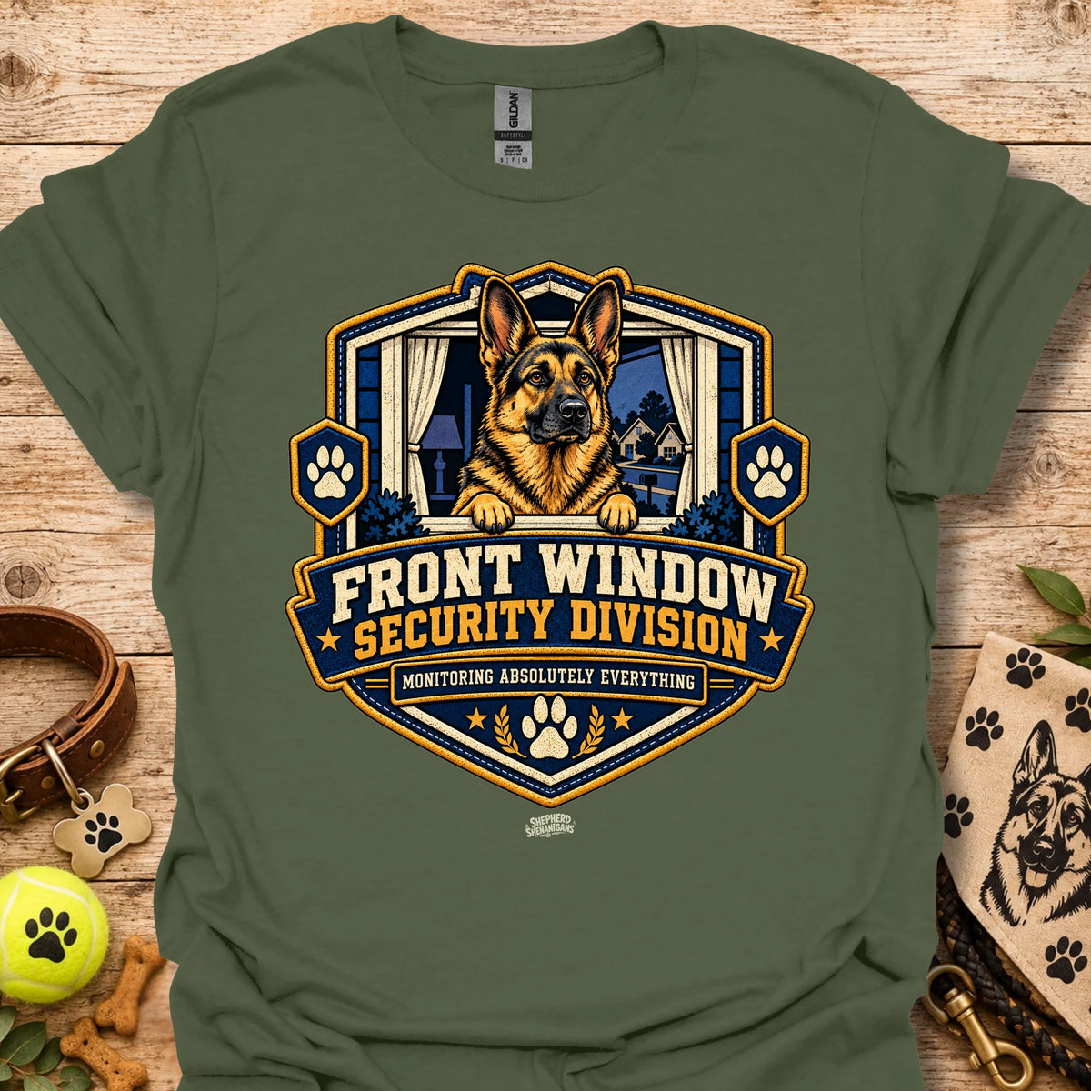 Front Window Security Division T-shirt, military green, chest graphic with dog and badge logo