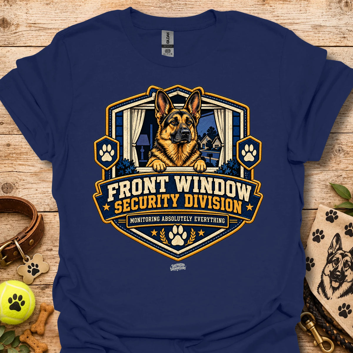 Front Window Security Division T-shirt, navy blue, chest graphic with dog and badge logo