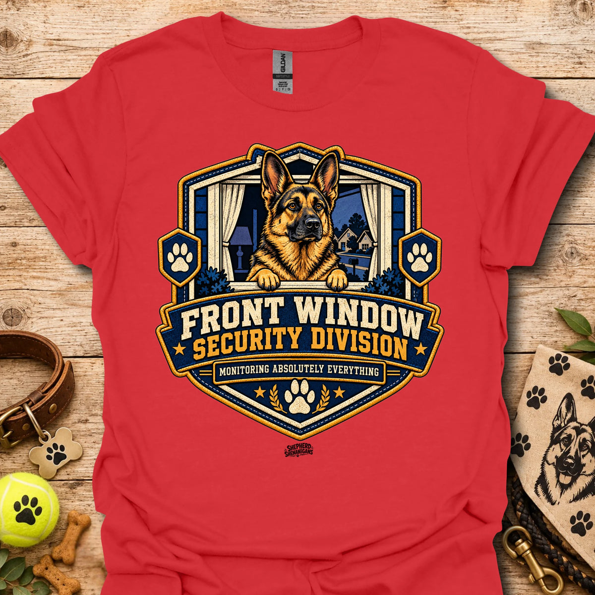 Front Window Security Division T-shirt, red, chest graphic with dog and badge logo