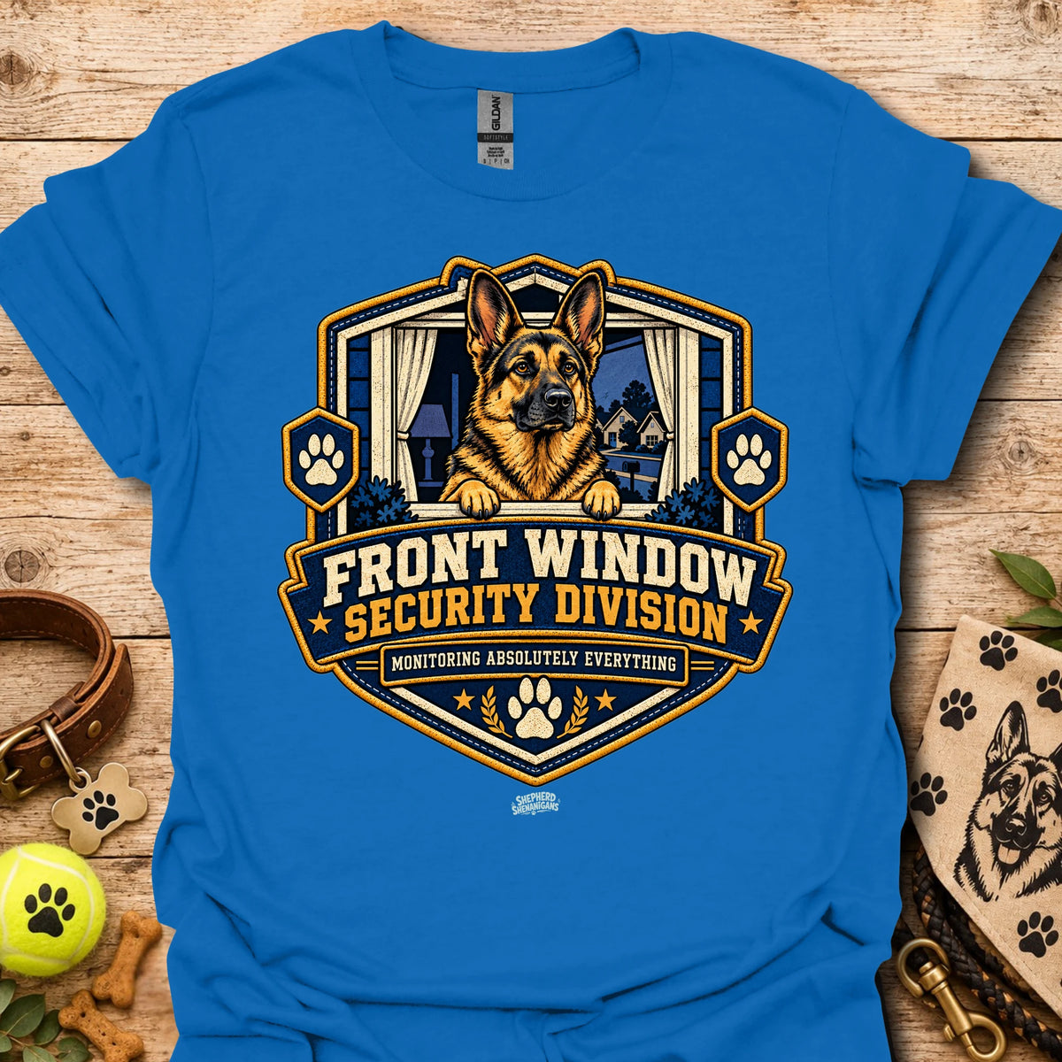 Front Window Security Division T-shirt, royal blue, chest graphic with dog and badge logo