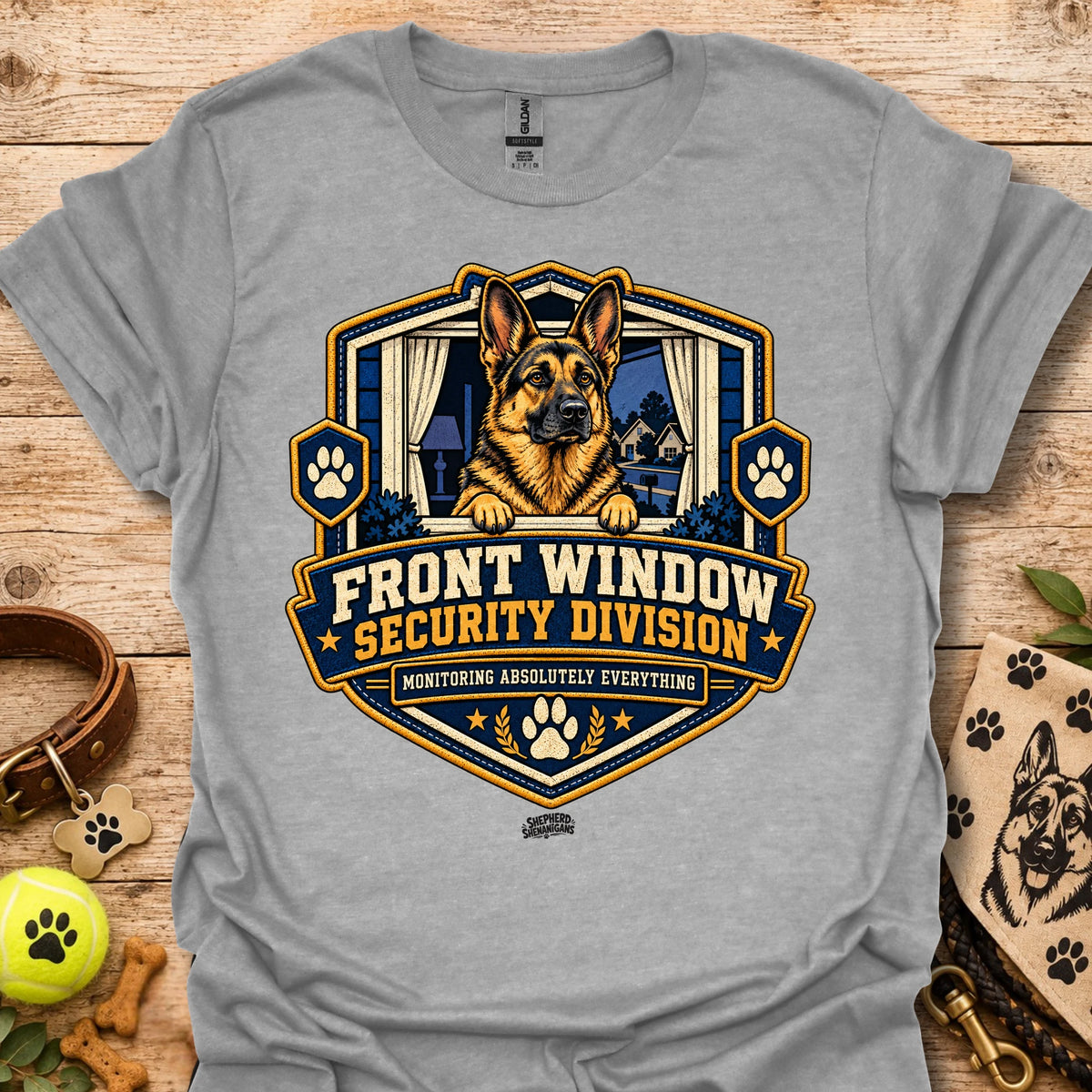 Front Window Security Division T-shirt, sport grey, chest graphic with dog and badge logo
