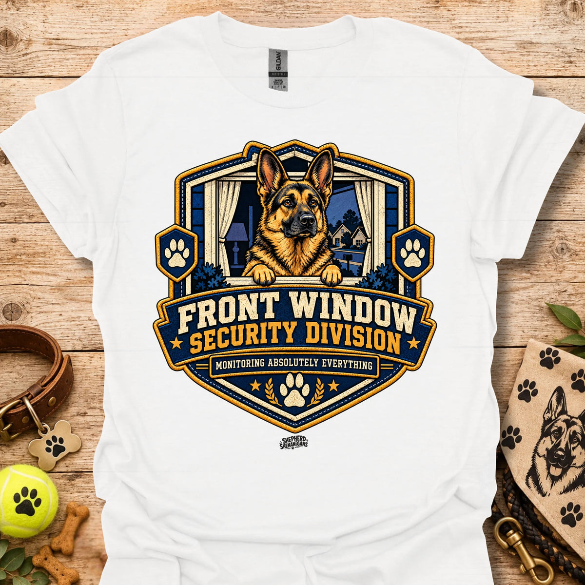 Front Window Security Division T-shirt, white, chest graphic with dog and badge logo