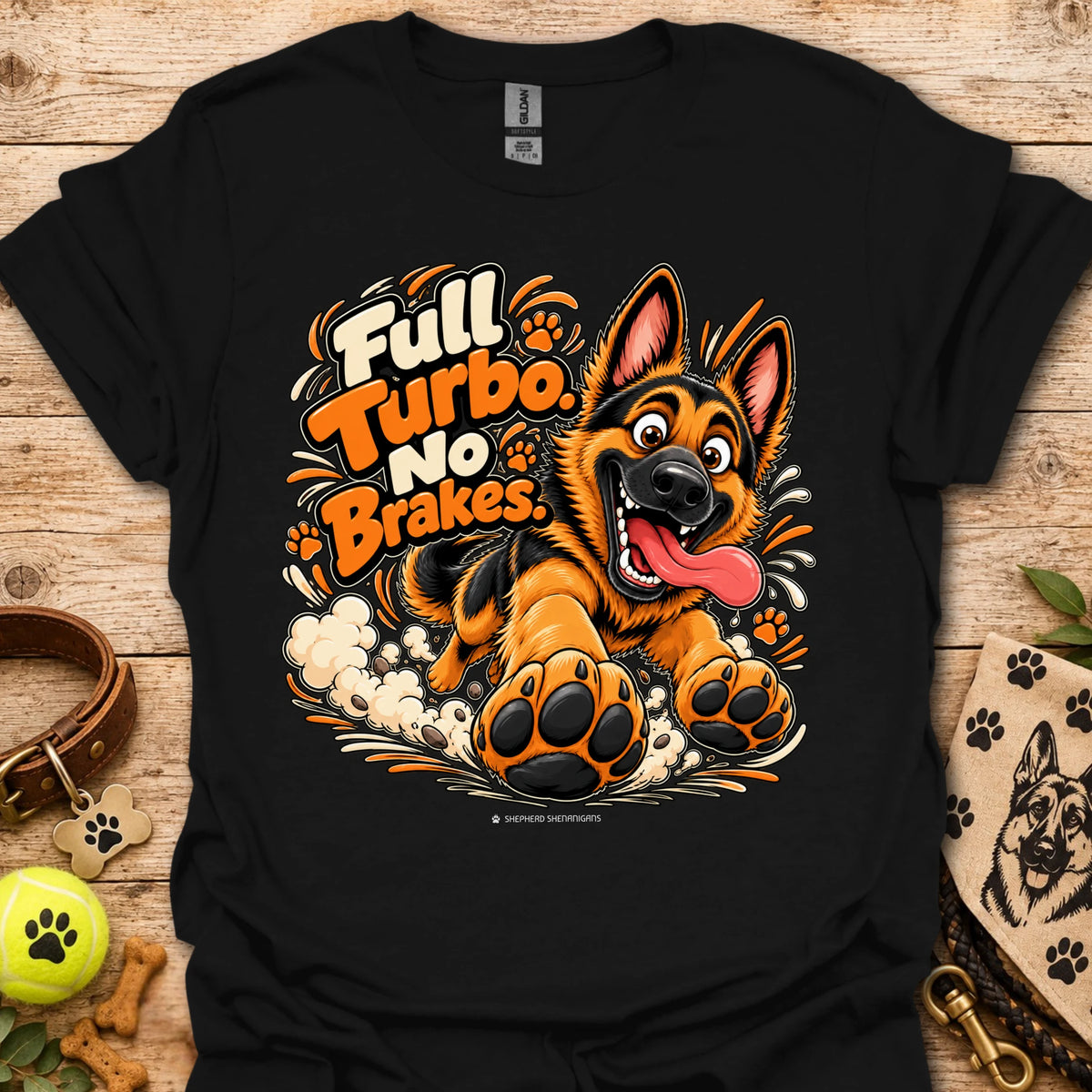 Black T-shirt with colorful cartoon dog graphic and “Full Turbo No Brakes” text