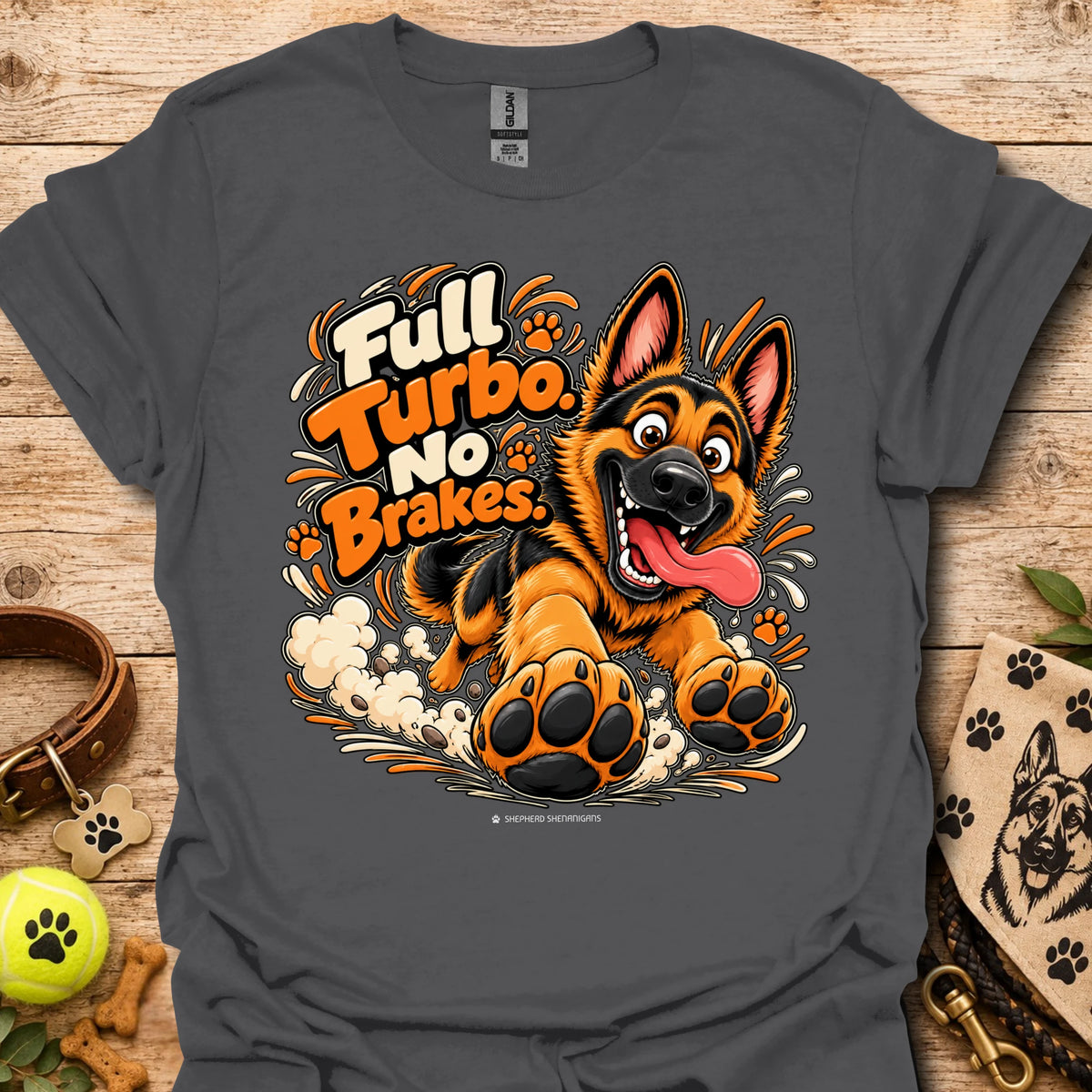 Charcoal T-shirt with colorful cartoon dog graphic and “Full Turbo No Brakes” text
