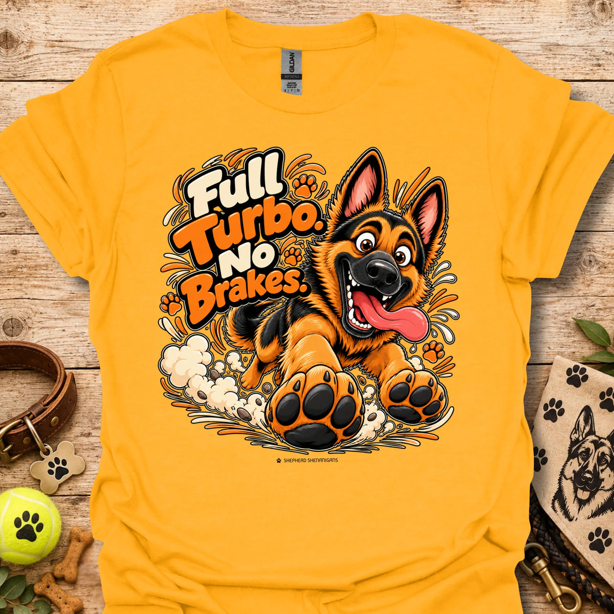 Gold T-shirt with colorful cartoon dog graphic and “Full Turbo No Brakes” text