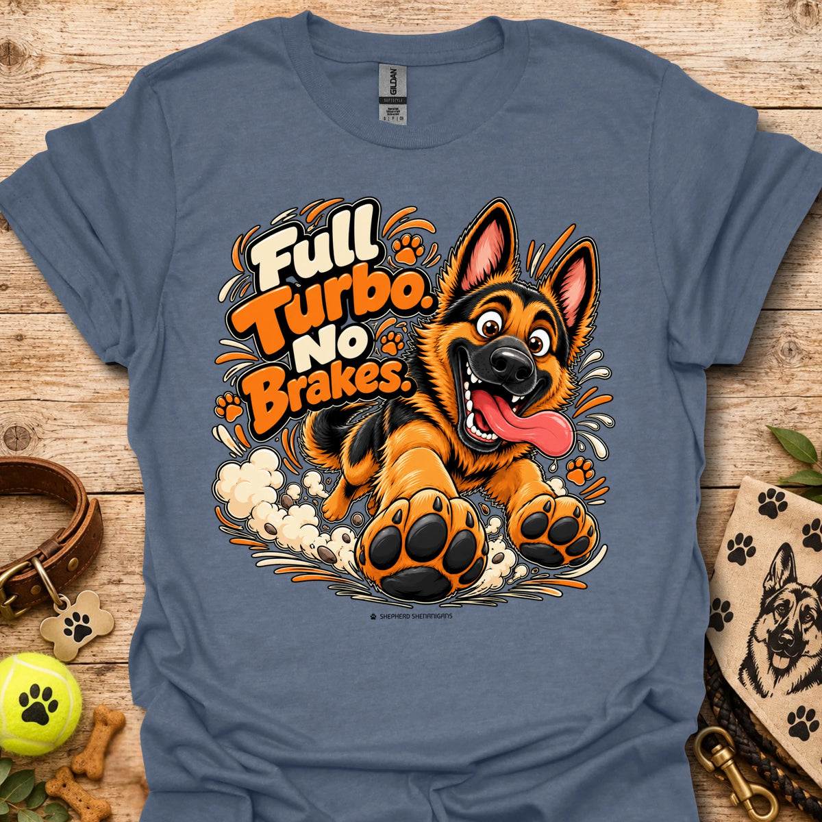 Heather blue T-shirt with colorful cartoon dog graphic and “Full Turbo No Brakes” text