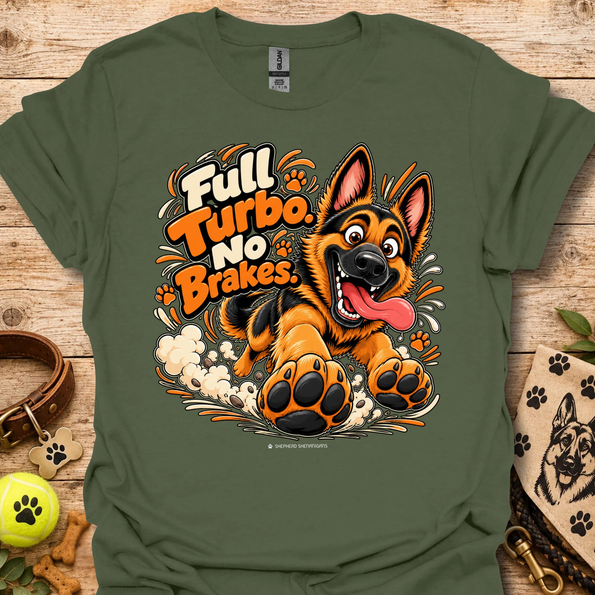 Military green T-shirt with colorful cartoon dog graphic and “Full Turbo No Brakes” text