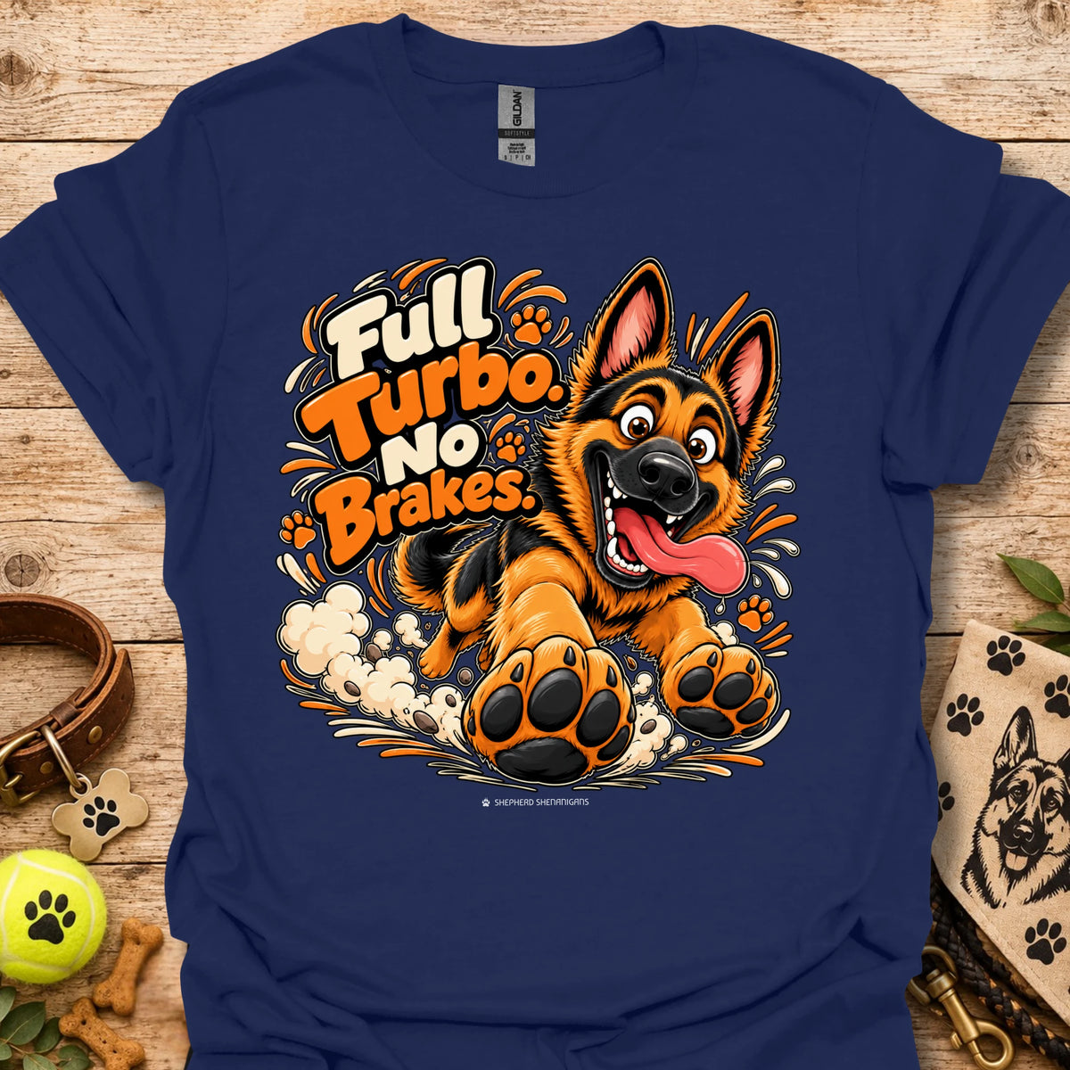 Navy T-shirt with colorful cartoon dog graphic and “Full Turbo No Brakes” text