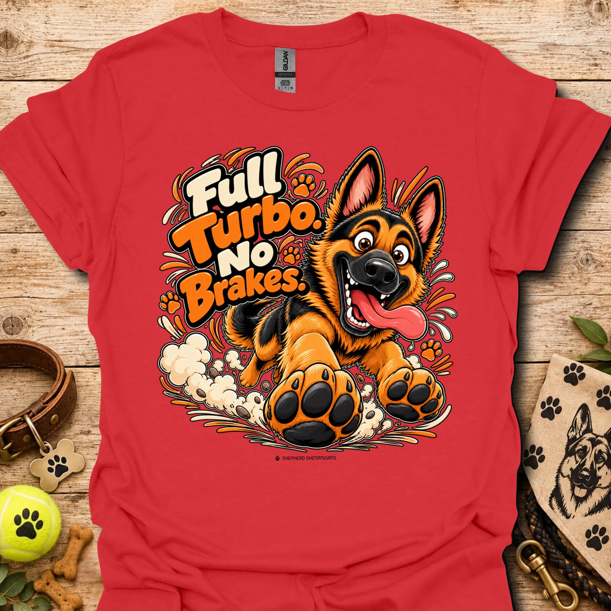 Red T-shirt with colorful cartoon dog graphic and “Full Turbo No Brakes” text