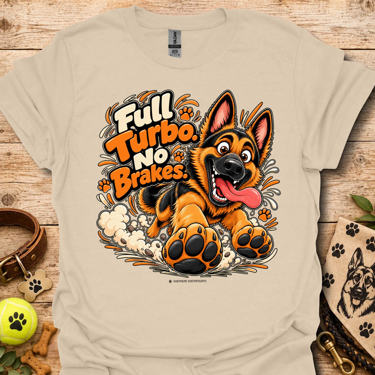 Sand T-shirt with colorful cartoon dog graphic and “Full Turbo No Brakes” text