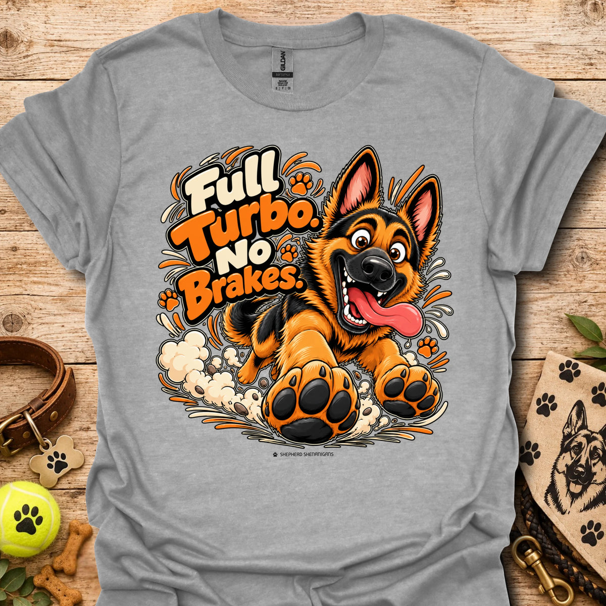 Sport grey T-shirt with colorful cartoon dog graphic and “Full Turbo No Brakes” text