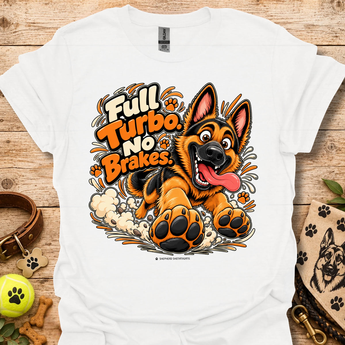 White T-shirt with colorful cartoon dog graphic and “Full Turbo No Brakes” text
