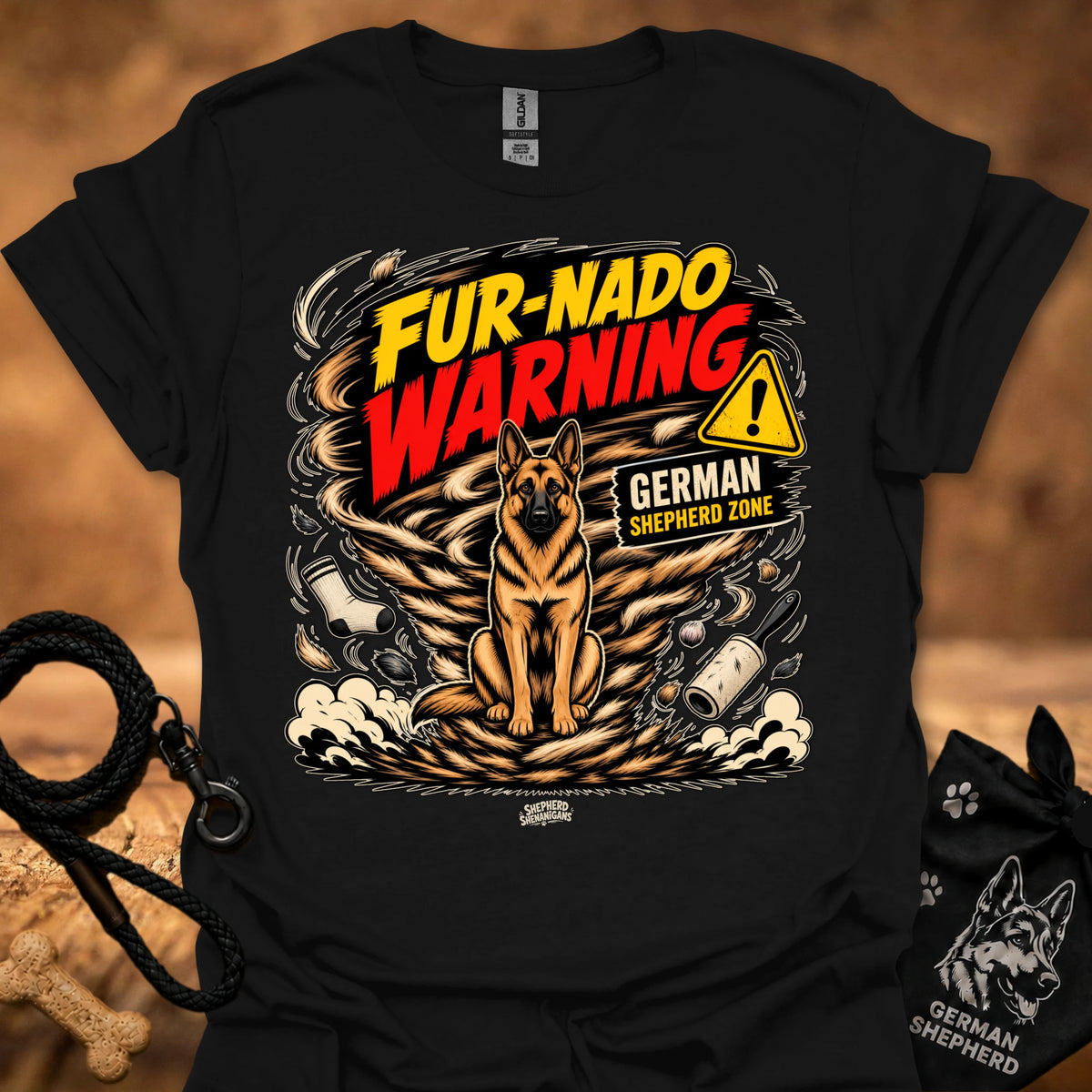 Black short-sleeve graphic dog warning t-shirt with large front print