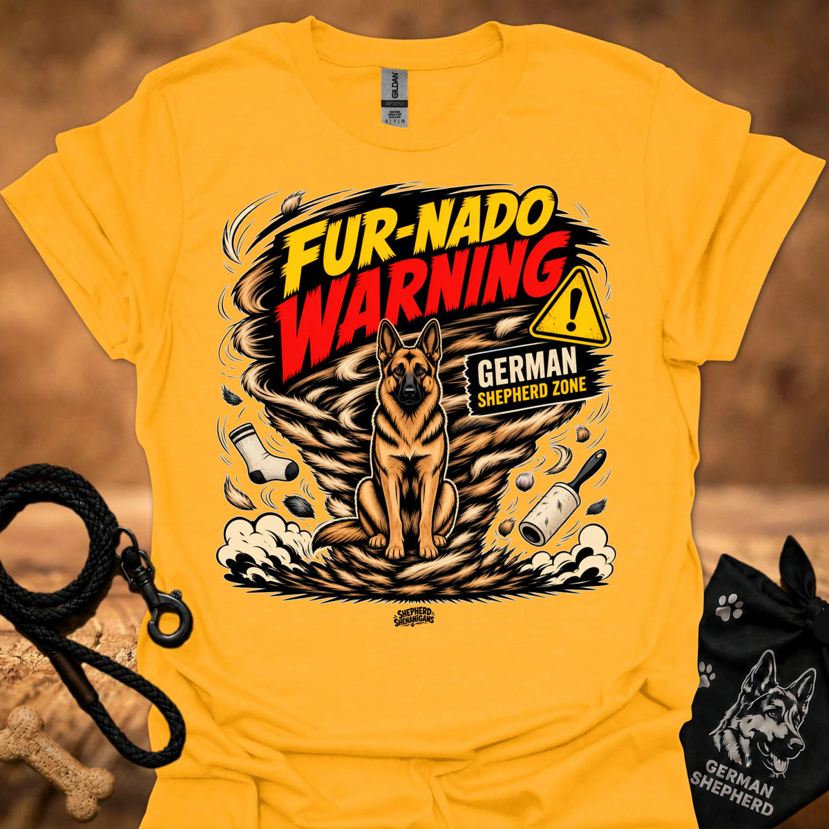 Gold/yellow short-sleeve graphic dog warning t-shirt with large front print