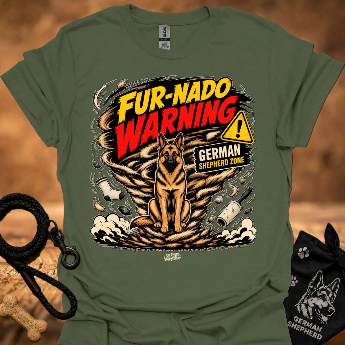 Military green short-sleeve graphic dog warning t-shirt with large front print