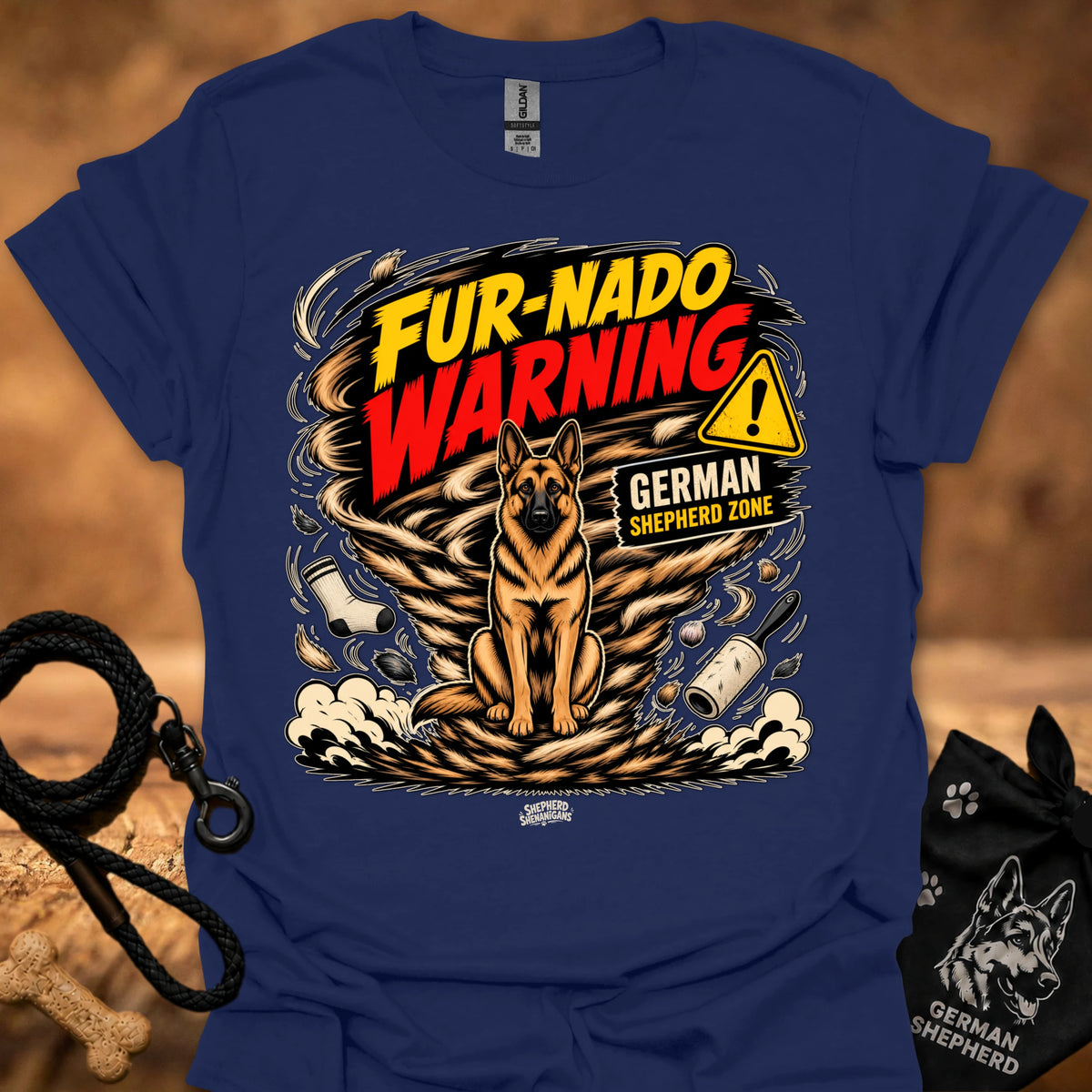 Royal blue short-sleeve graphic dog warning t-shirt