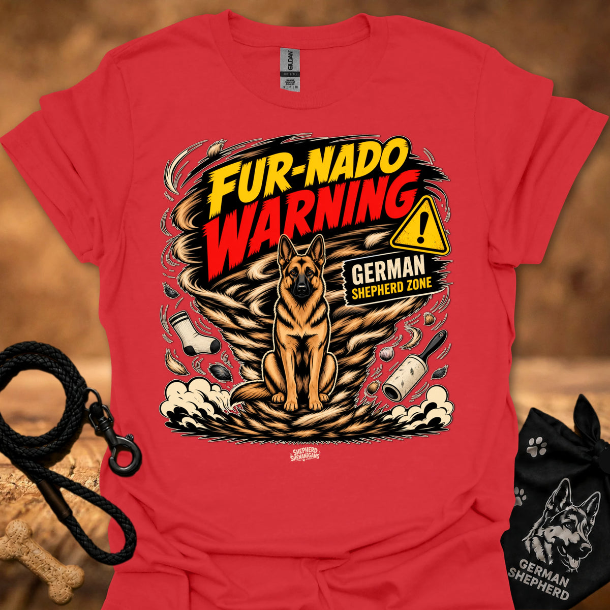 Red short-sleeve graphic dog warning t-shirt with large front print