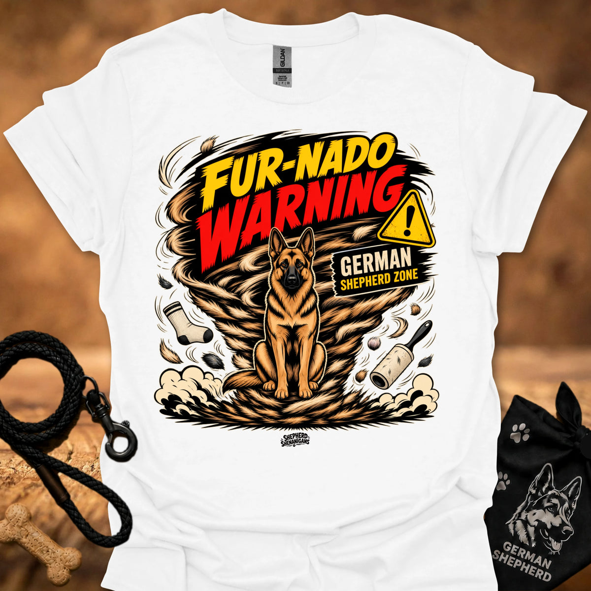 White short-sleeve graphic dog warning t-shirt with large front print