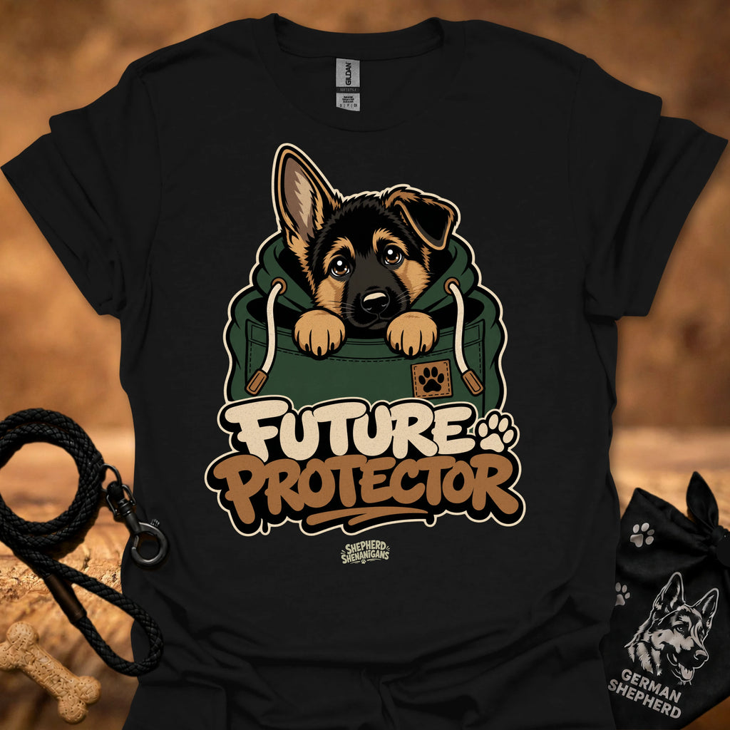 Black Future Protector dog graphic T-shirt with puppy front print
