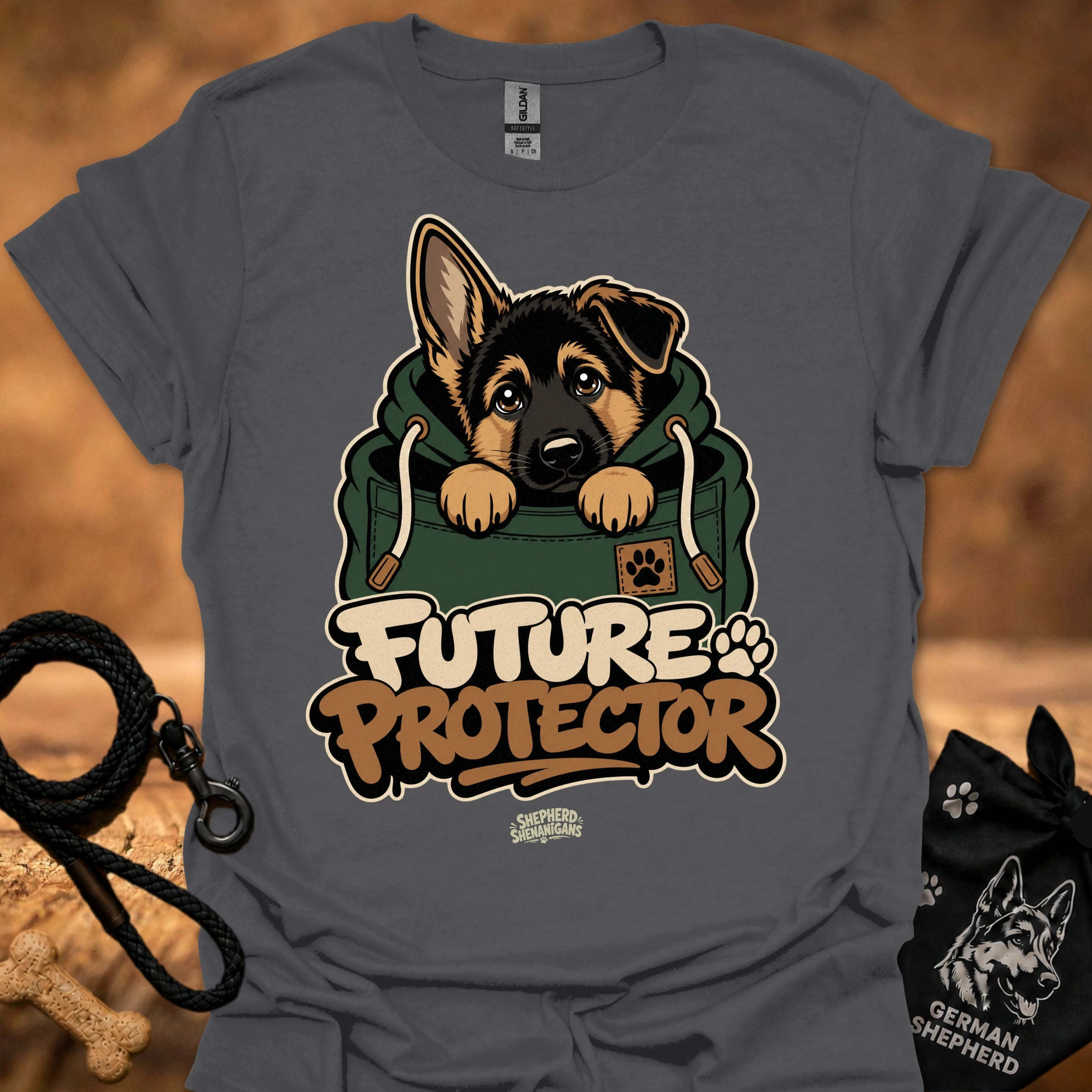 Charcoal Future Protector dog graphic T-shirt with puppy front print
