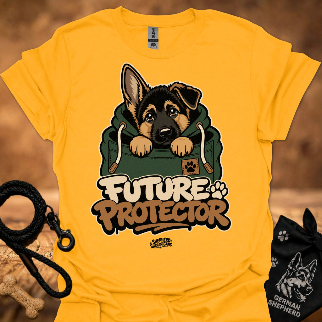 Gold Future Protector dog graphic T-shirt with puppy front print