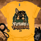 Gold Future Protector dog graphic T-shirt with puppy front print