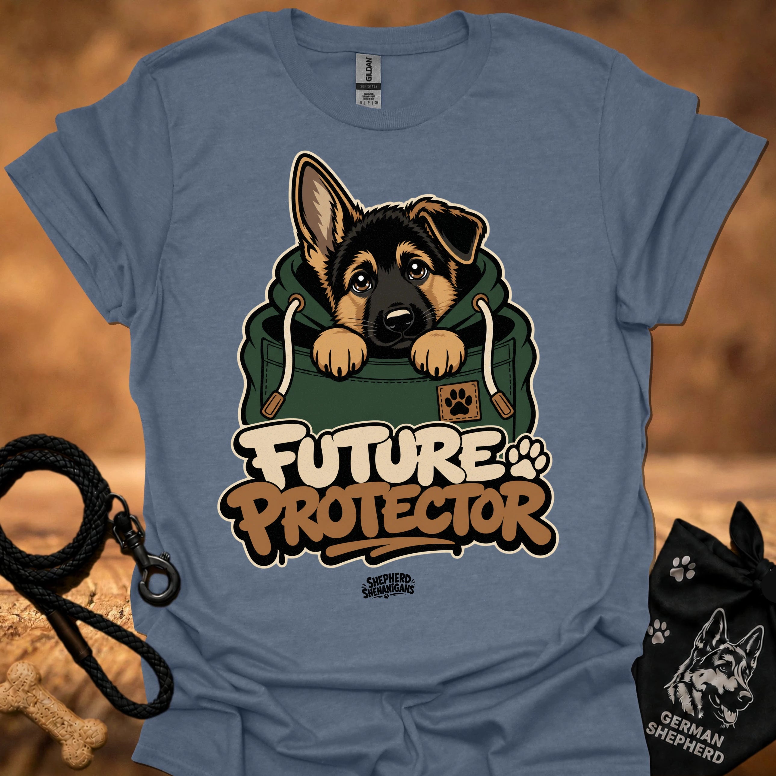 Steel blue Future Protector dog graphic T-shirt with puppy front print