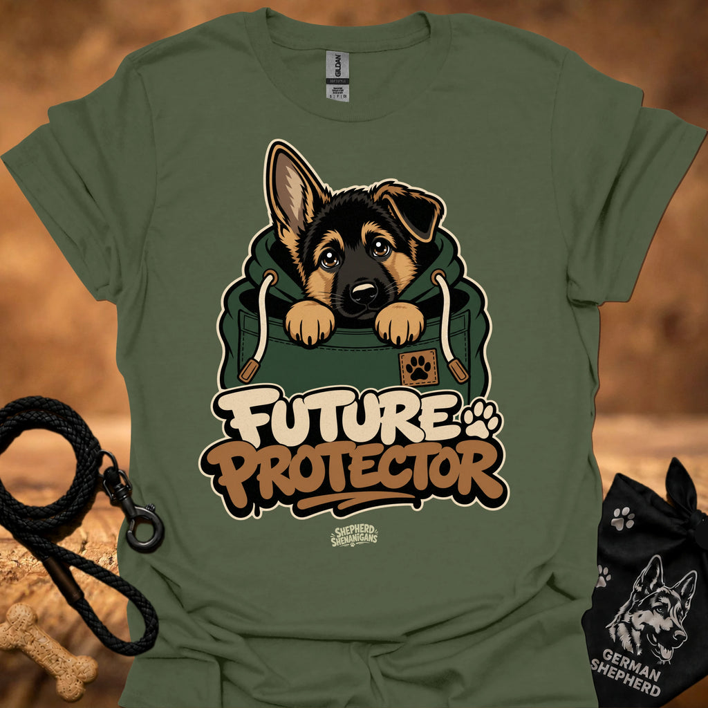 Military green Future Protector dog graphic T-shirt with puppy front print