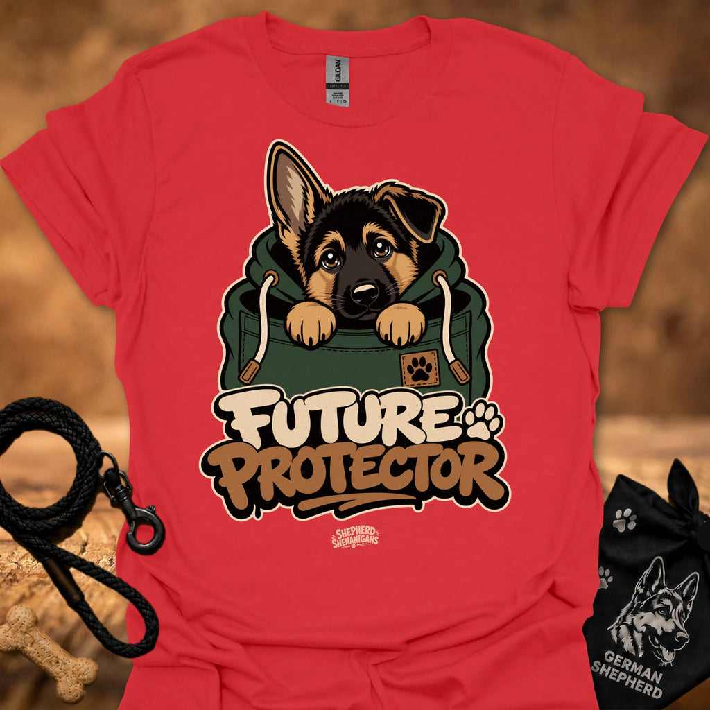 Red Future Protector dog graphic T-shirt with puppy front print