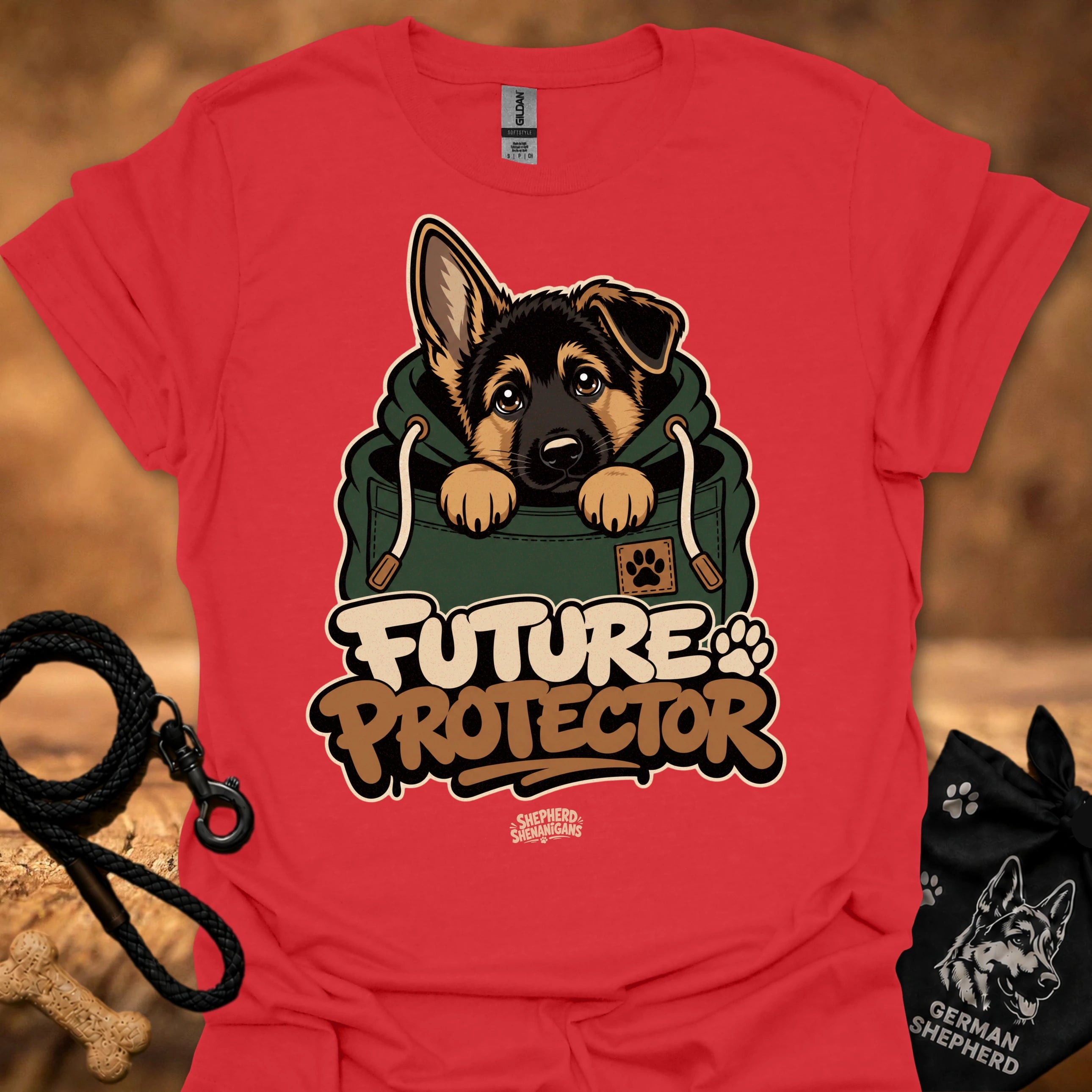 Red Future Protector dog graphic T-shirt with puppy front print