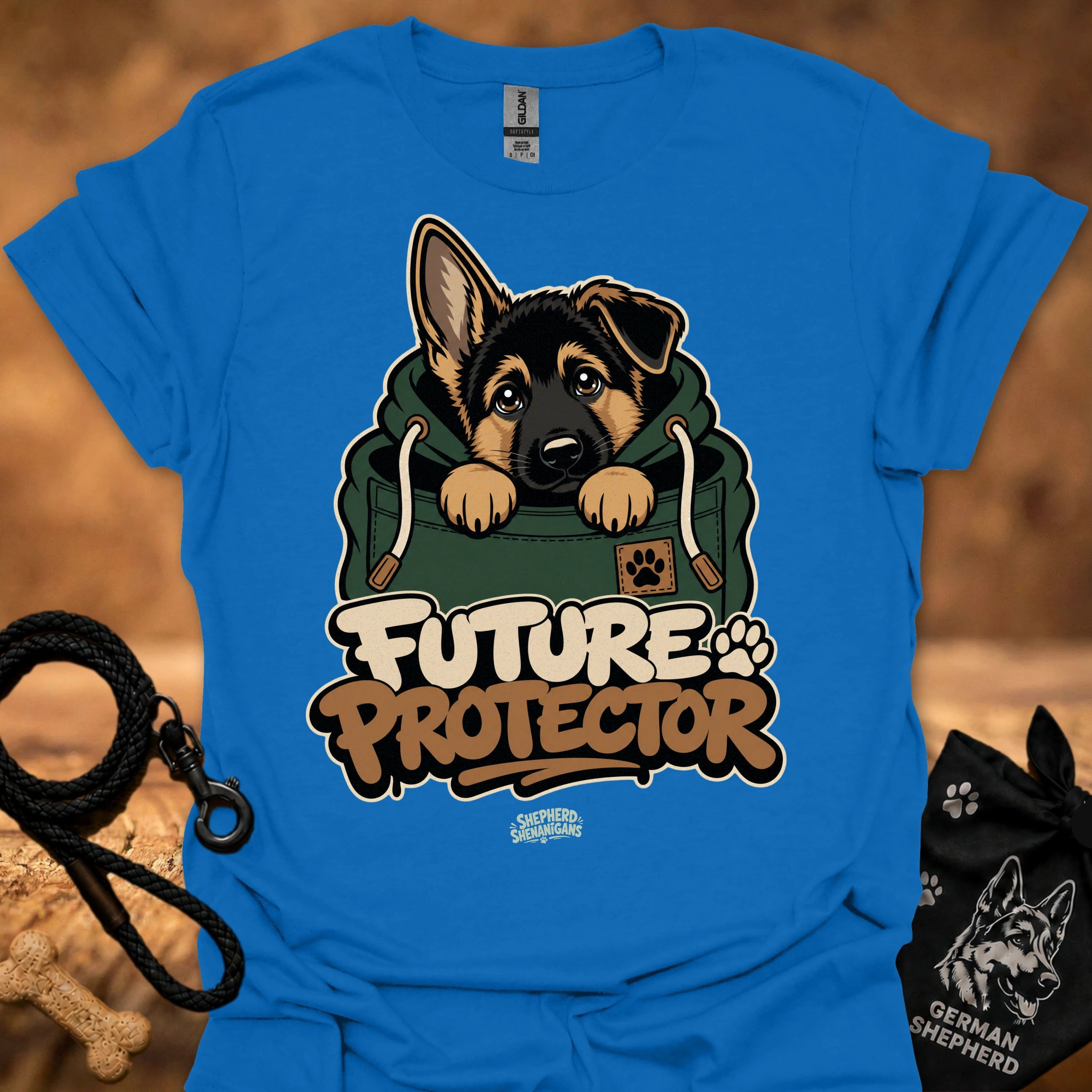 Bright blue Future Protector dog graphic T-shirt with puppy front print