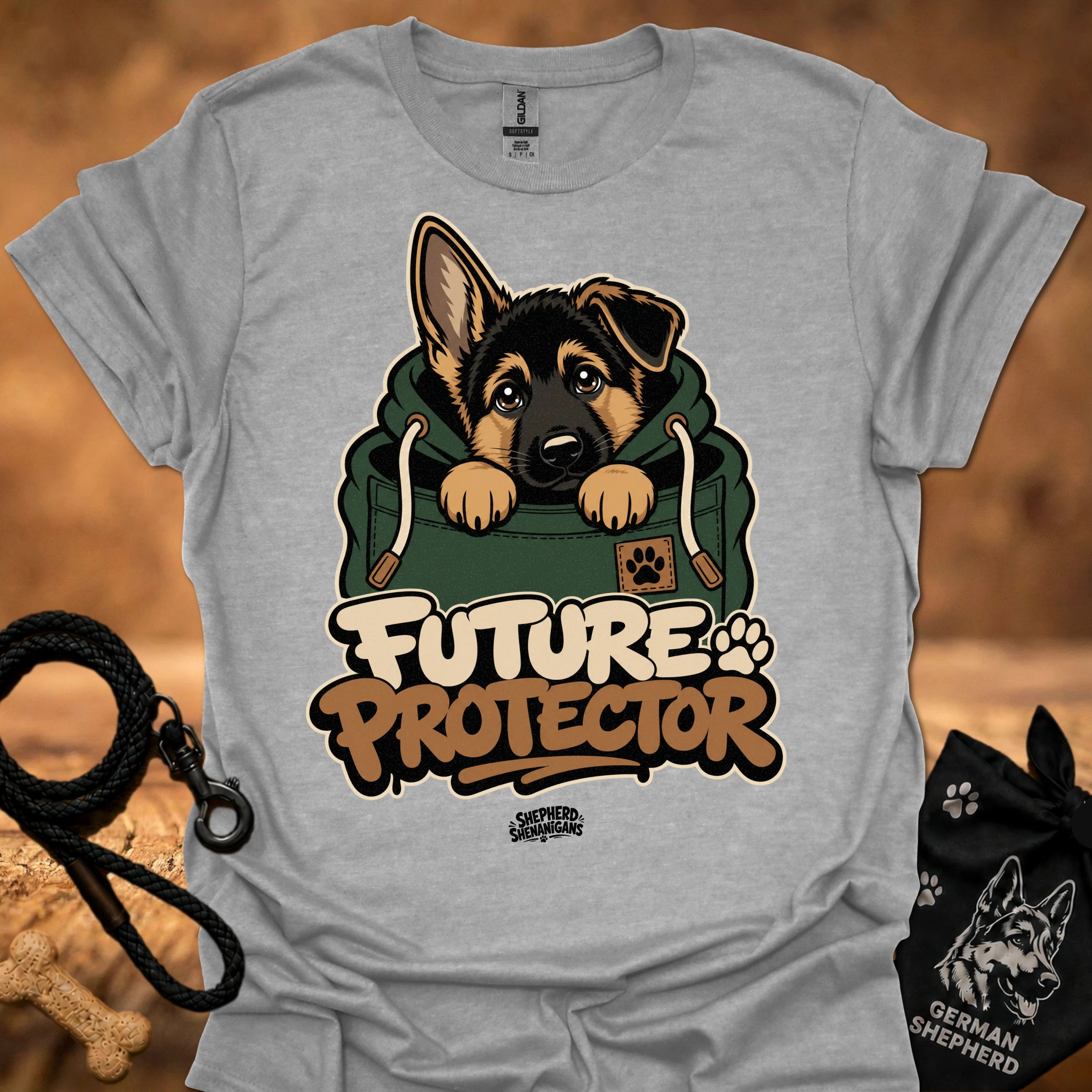 Heather gray Future Protector dog graphic T-shirt with puppy front print