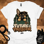 White Future Protector dog graphic T-shirt with puppy front print