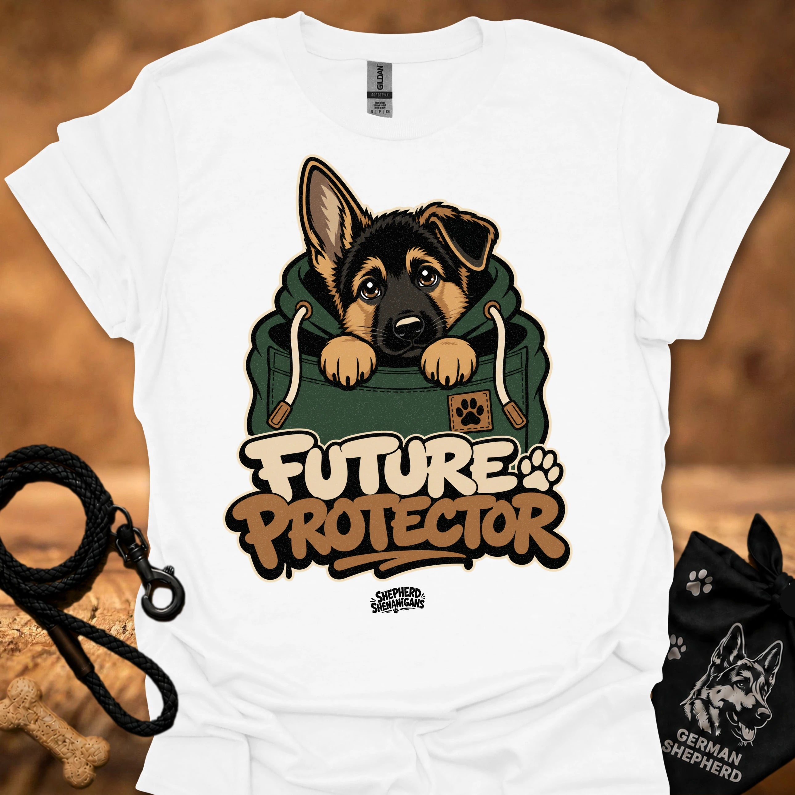 White Future Protector dog graphic T-shirt with puppy front print