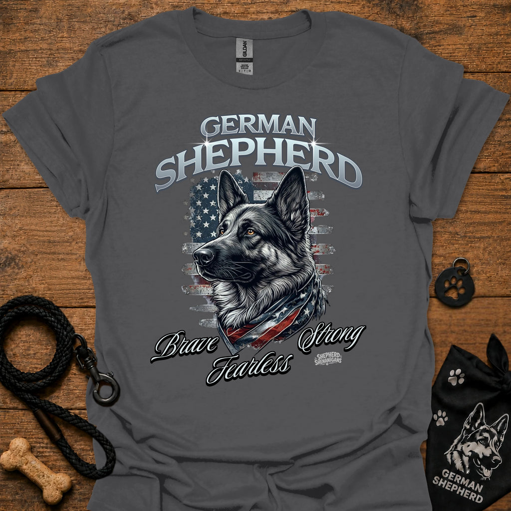 German shepherd graphic T-shirt (charcoal) with dog portrait and 'Brave Fearless' print