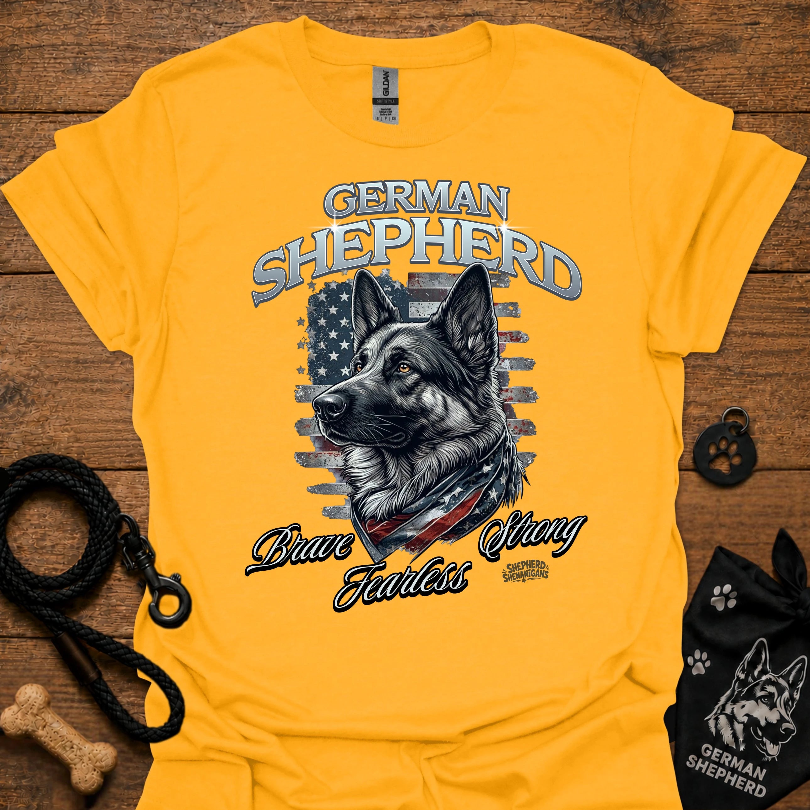 German shepherd graphic T-shirt (gold) with dog portrait and 'Brave Fearless' print
